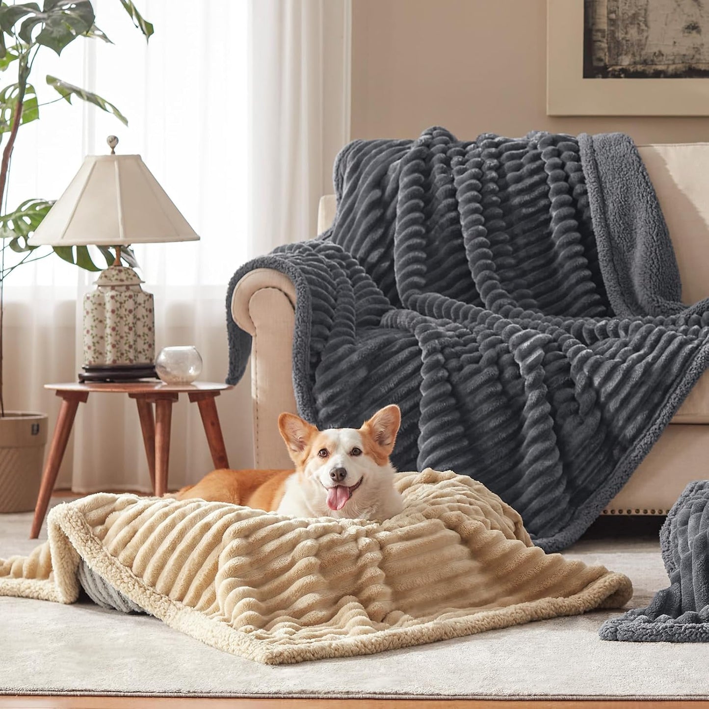 Waterproof Dog Blanket for Large Dogs, Washable Soft Puppy Cat Blanket Flannel Cotton Velour for Sofa Couch Protector, Comfort & Security Reversible Bed Protection for Pet, 40"X50", Khaki