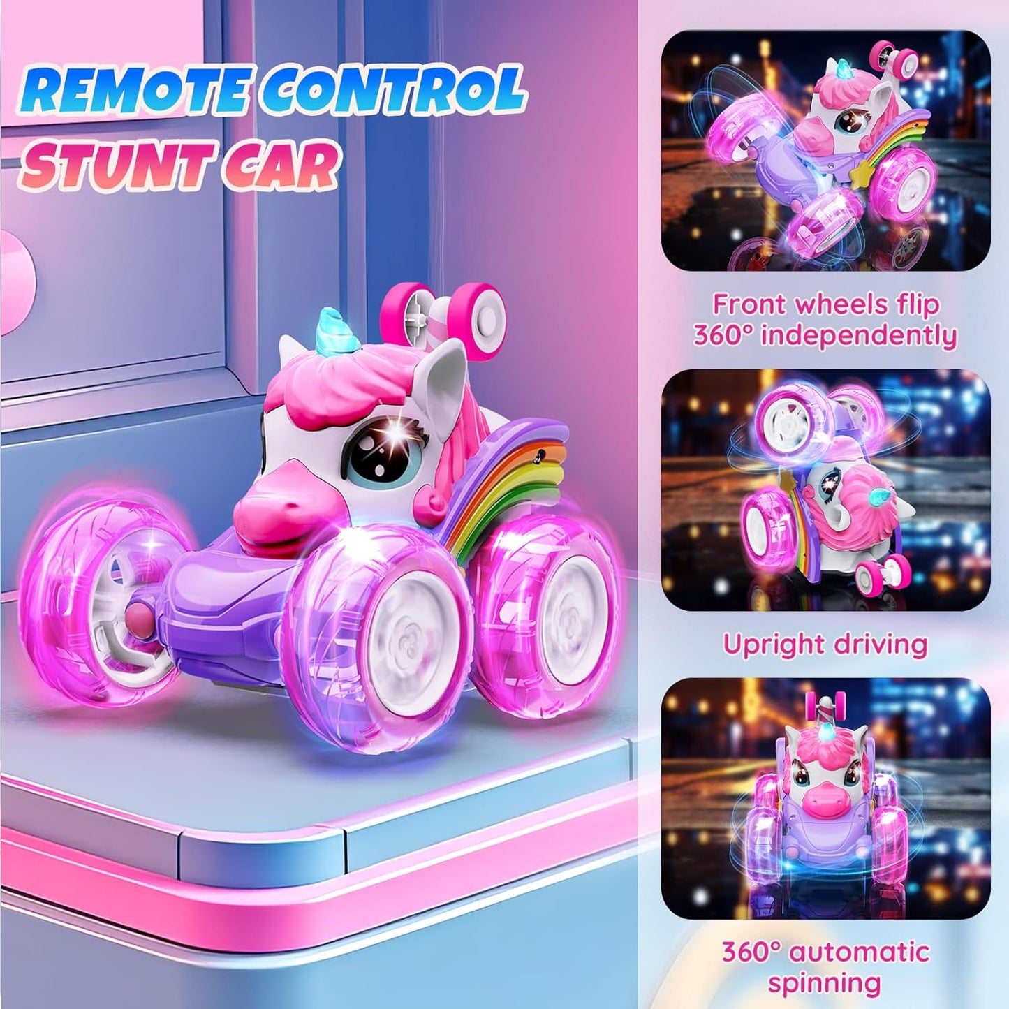 Unicorn Remote Control Car Toys for Girl - 360° Rotating Pink RC Stunt Cars 4WD Remote Cars for Kids, 2.4GHz Toy Car with LED Lights, Easter Birthday Gift for 3 4 5 6 7 8 9 Year Old Girl