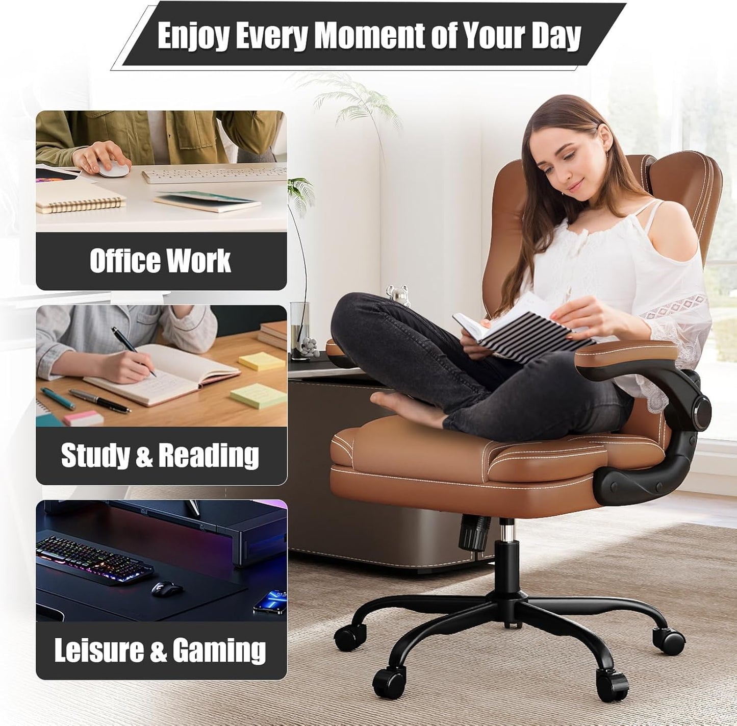 Ergonomic Office Chair with Flip-up Armrests 300lbs,Middle- Tall Computer Office Desk Chair with Lumbar Support,Executive PU Leather Chair with Rocking Function Adjustable Height for Home Office