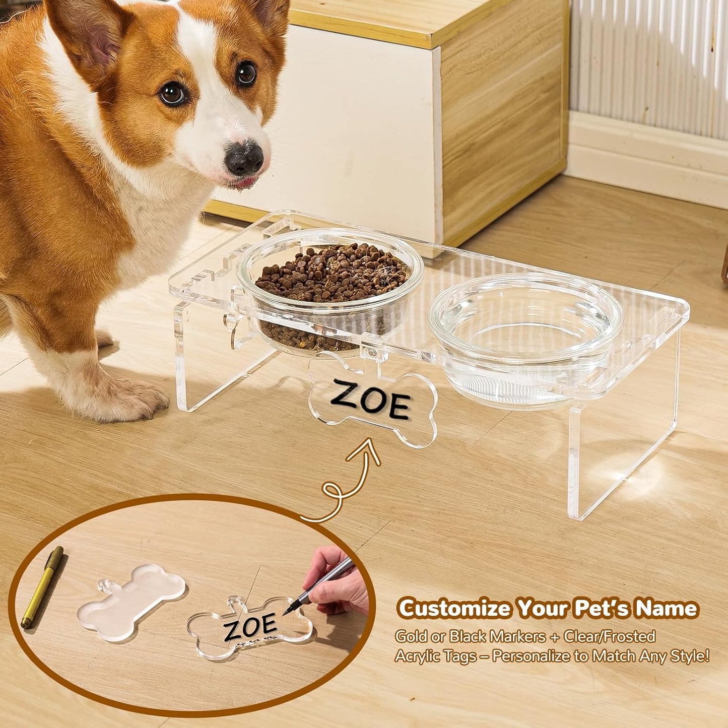 Clear Acrylic Elevated Dog Bowls with Writable Name Signs - 2×32oz Thick Glass & 2×Stainless Steel Bowls, 5.5" Height Raised Pet Feeder Stand, Food and Water Bowl Set for Medium Dogs