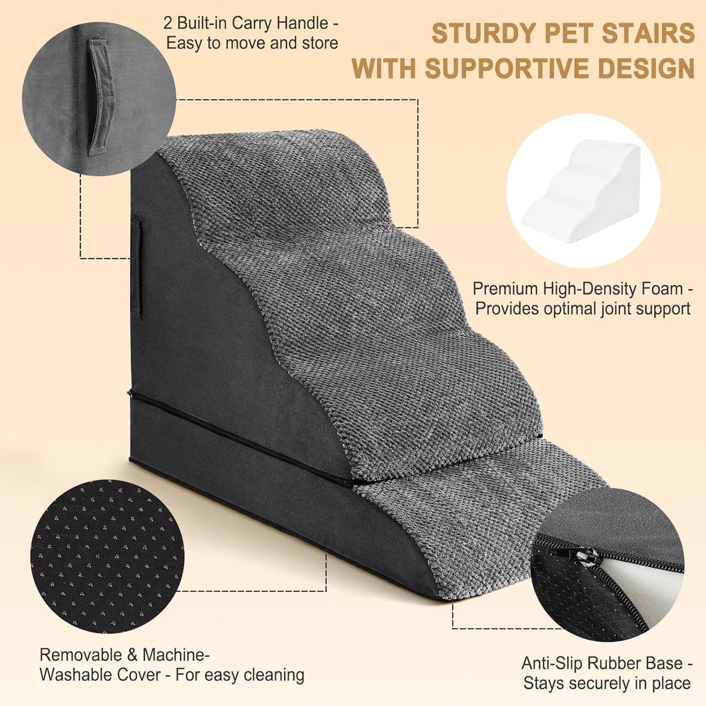 Dog Stairs for Small Dogs, Puppy, Older Cat, High Density Foam Pet Ramp for Sofa, Couch and Bed, 2-in-1 Convertible Dog Steps(3-Step & 4-Step)