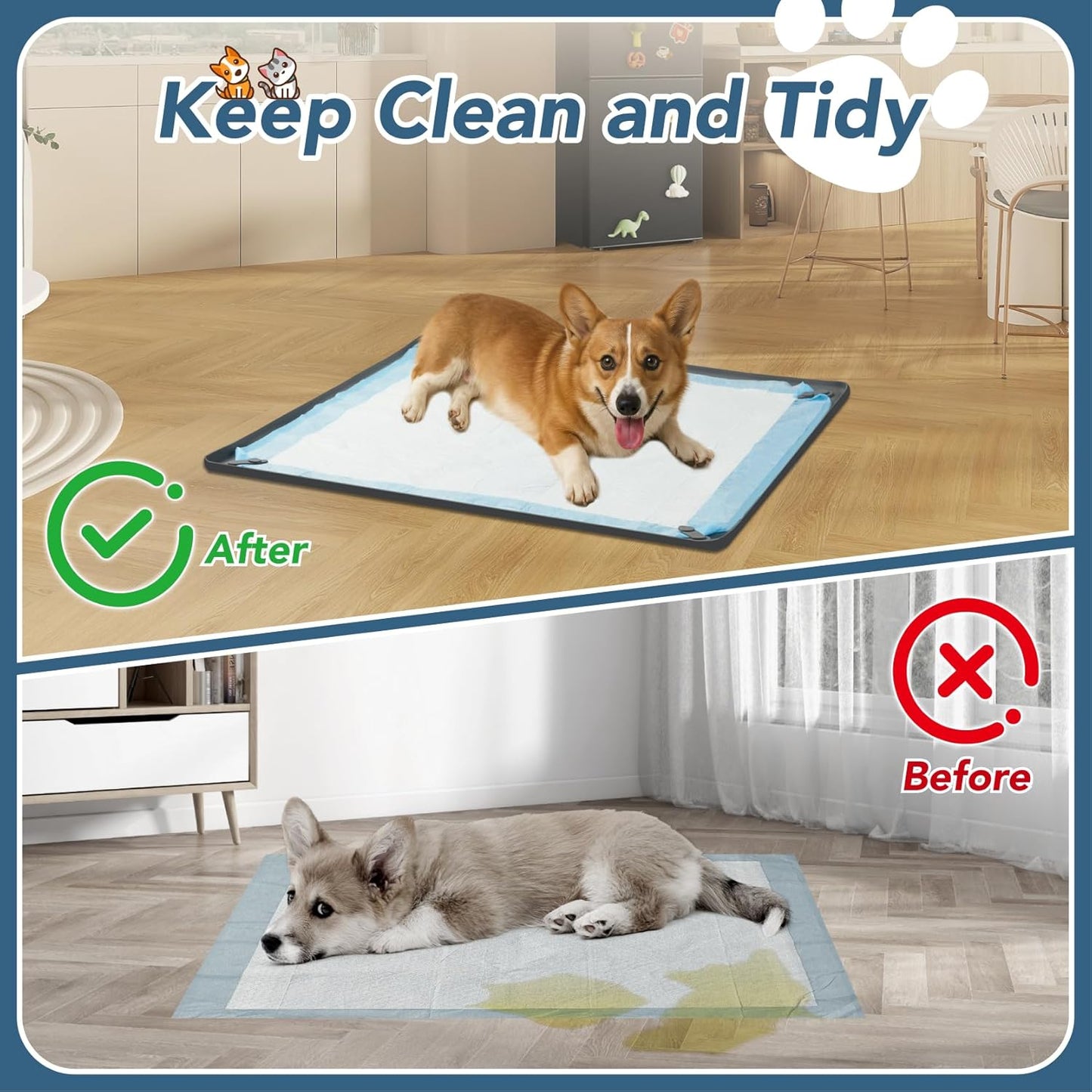 Pee Pad Holder for Dogs, 24" x 24" Non-Slip Silicone Puppy Pee Tray Mat with 4 Magnetic Clips, Reusable, No Spill Raised Lip High Edge, Leak-Proof Puppy Toilet Training Pad for Indoor Floor Protection