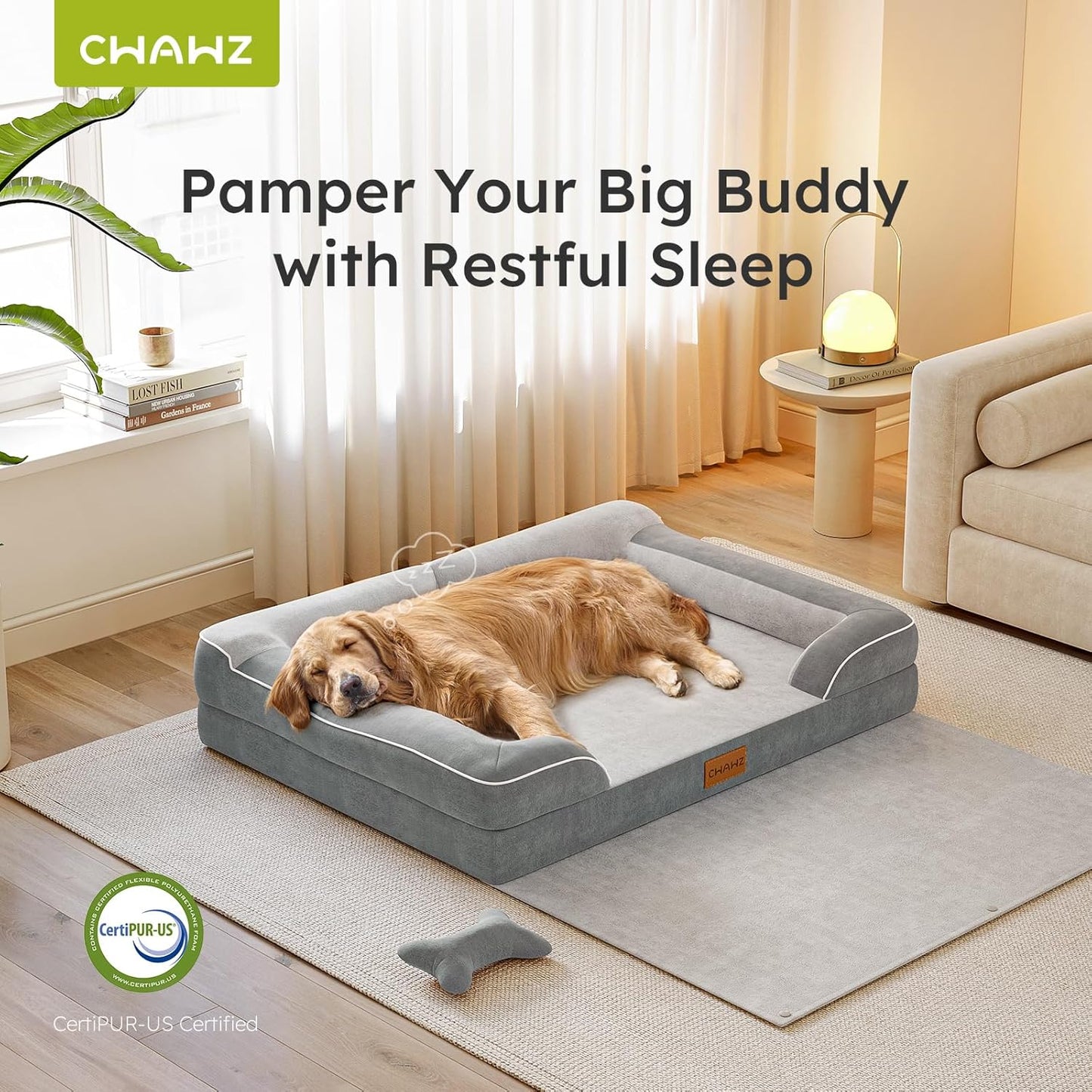 Dog Beds for Large Dogs, Orthopedic Pet Bed with Cooling Gel Memory Foam, Waterproof Large Dog Beds with Removable Washable Cover, 36" Pet Sofa Dutch Velvet with Blanket Bone Toy, Light Gray
