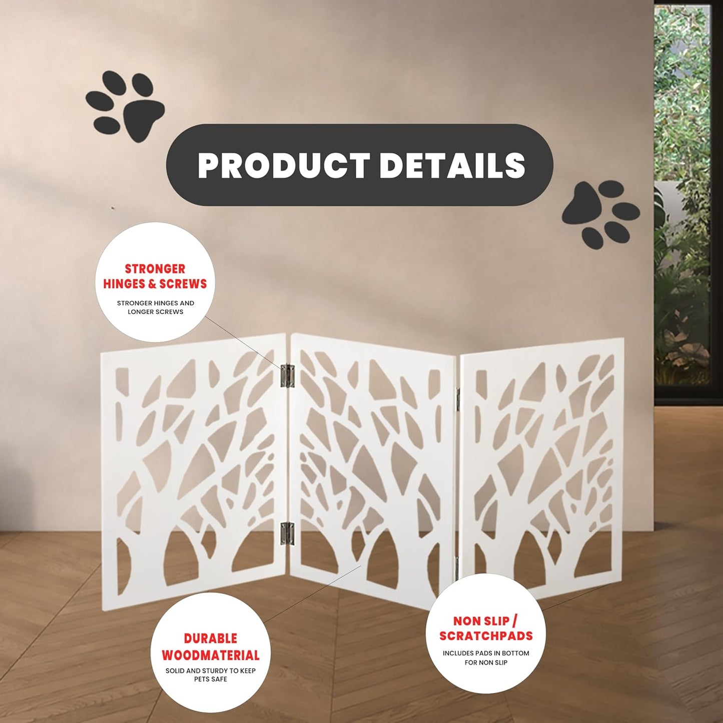 Safety Pet Gate for Dogs – Free-Standing & Foldable - Decorative Scroll Wooden Fence Barrier – Stairs & Doorways (White)