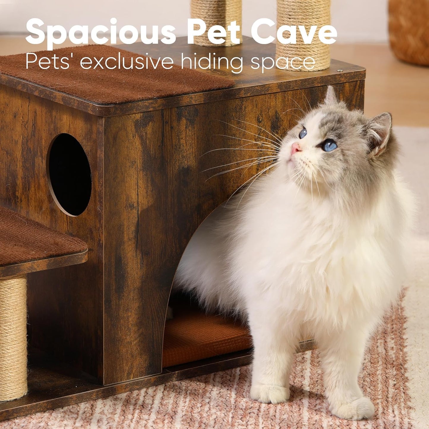 FUKUMARU 3-in-1 Pet Stairs, Retro-style Dog Steps for Cats and Small Dogs, Wooden Cat Stairs for High Bed with Scratching Post, Dog Ramp for Couch with Cat Condo Cave, Easy to Clean & Aesthetic Design