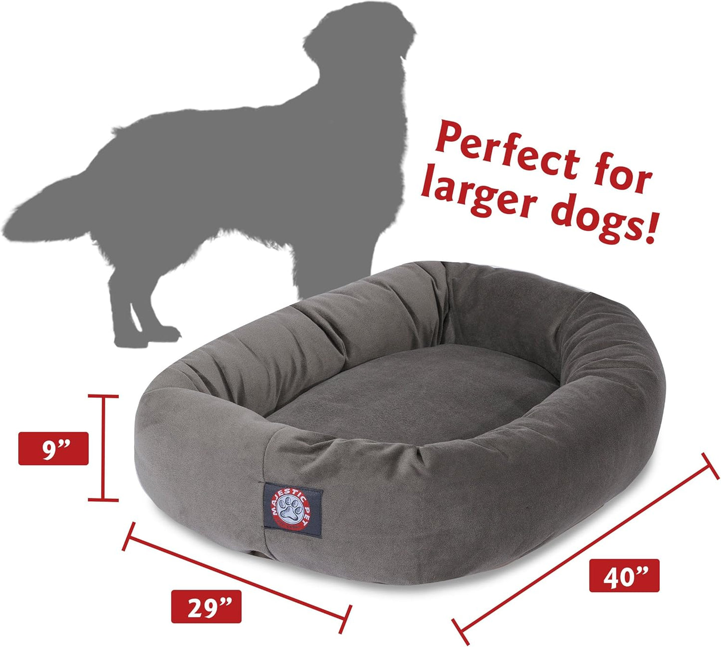 Majestic Pet 40 Inch Large Washable Dog Bed, Orthopedic Donut Cuddle Furniture for Big Dogs, Soft and Cozy Faux Suede Calming Pet Crate Pad & Mat, Fluffy Pet Bed - Gray