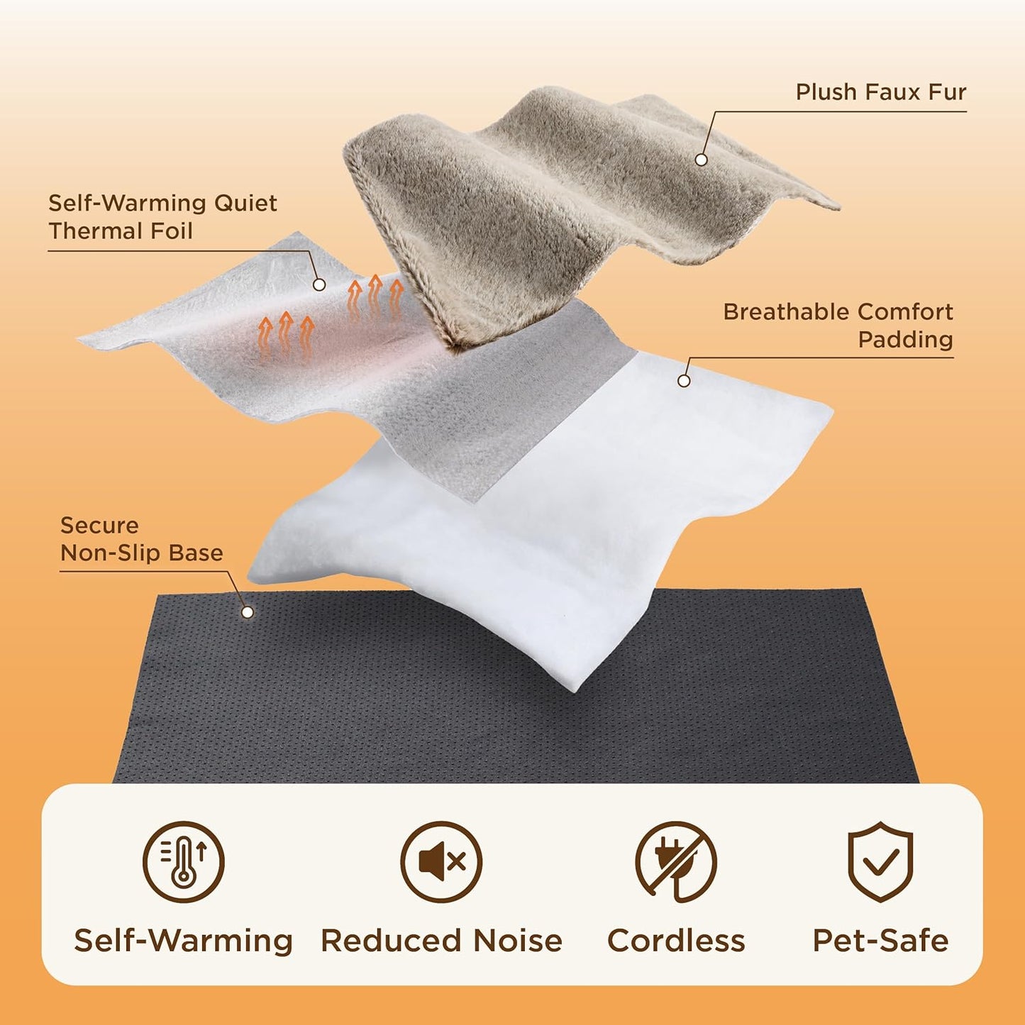 Bedsure Self Warming Cat Bed, Extra Warm Self Heating Mat for Cats & Dogs Non Electric, Anti-Slip Small Thermal Pet Pad Indoor with Removable Washable Cover, 24" x 18",Brown