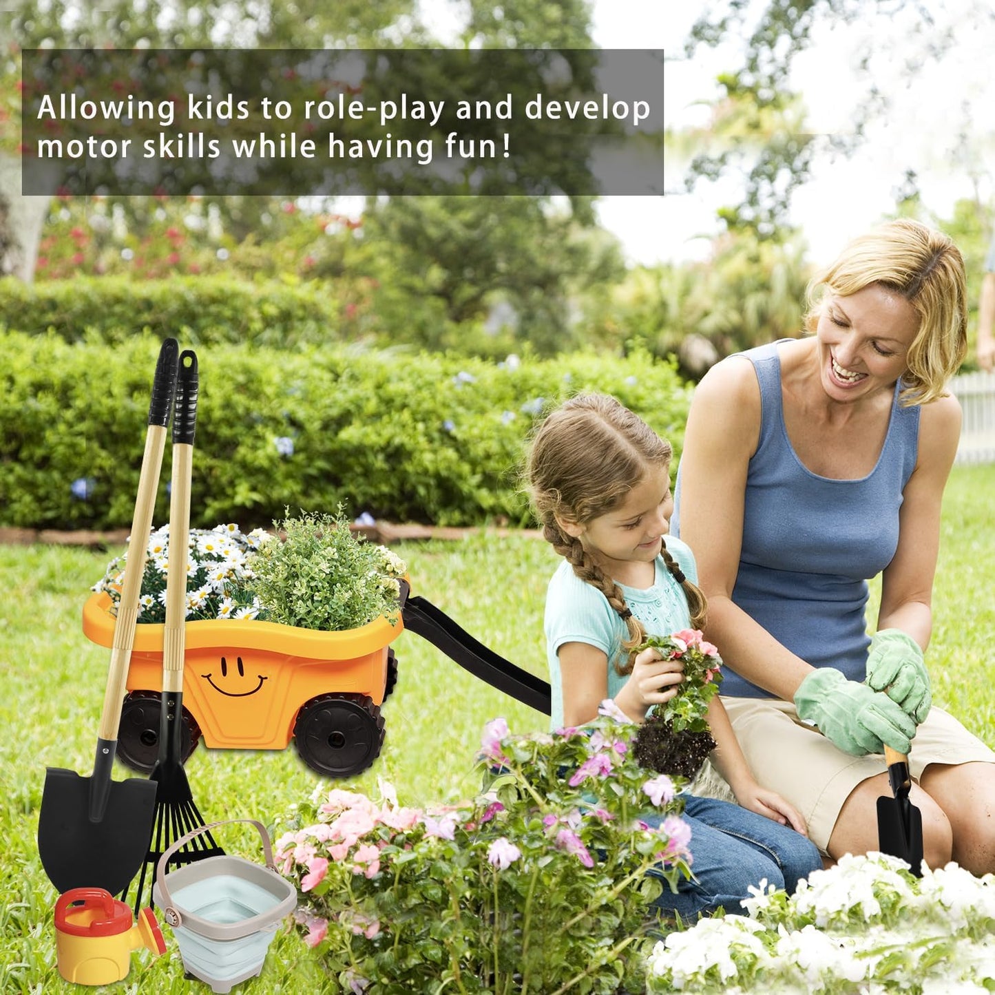 Toddlers Rake & Shovel Set with Wheelbarrow, Kids Yard Tools for Digging, Gardening, Beach, Sandbox, Lawn, Camping, Summer Outdoor Garden Toys Gifts for Children Age 2-5 Years Old