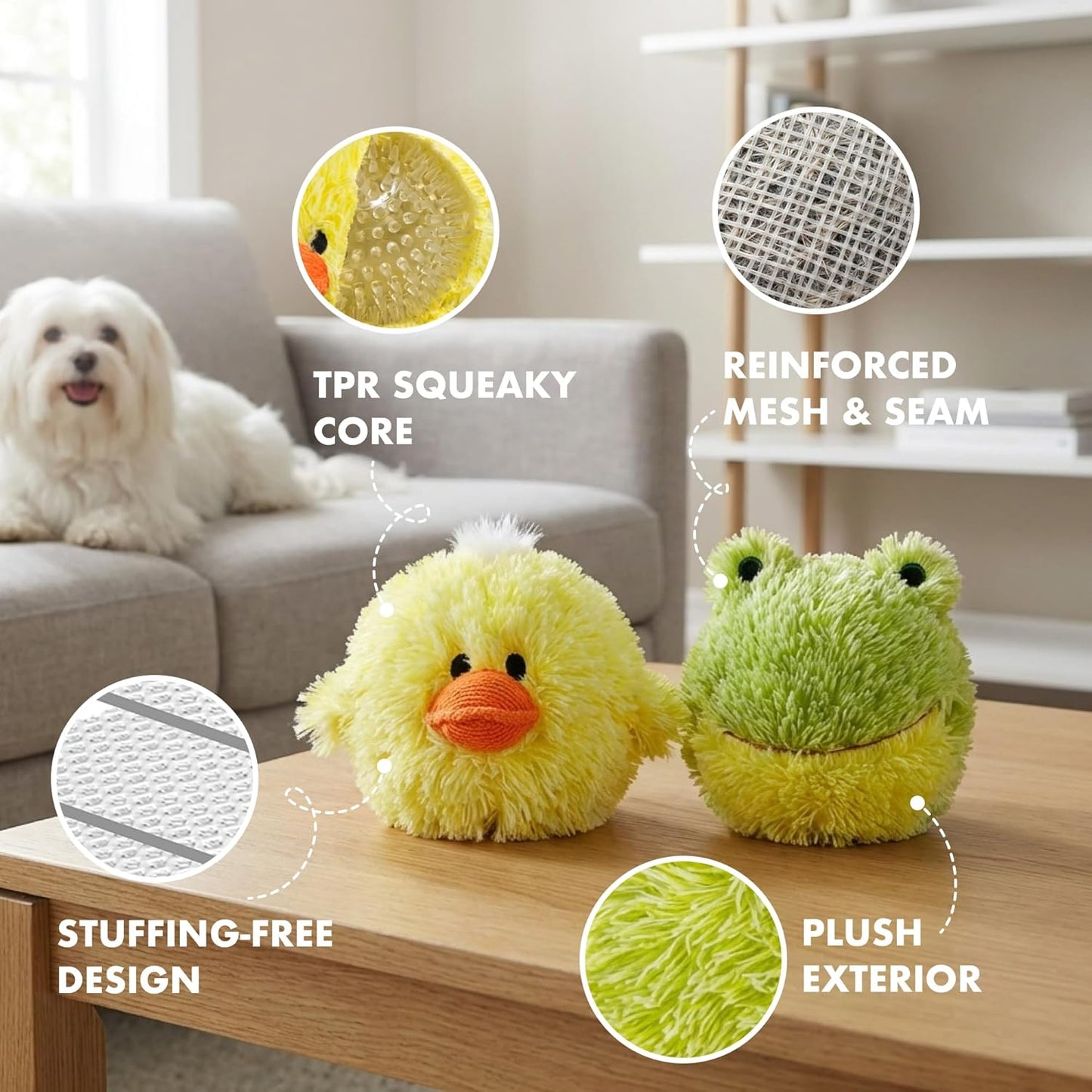 Pet Lou Chick and Frog EZ Squeaky Ball Dog Plush Toy, Twin Pack (4"), Durable Plush Dog Squeaker Toys, Stuffing-Free Pet Supplies for Small & Medium Dogs, Yellow