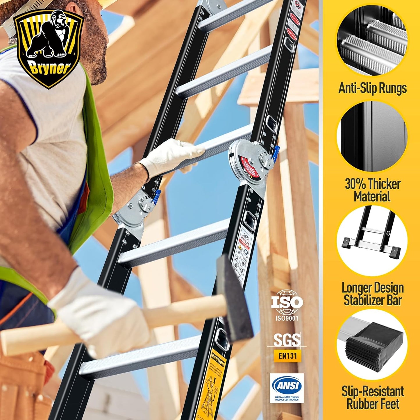 Step Ladder, Bryner 12Ft Multi-Purpose Aluminium Folding Extension Ladders, 7 in 1 Folding Adjustable Telescoping Step Ladder 330lbs
