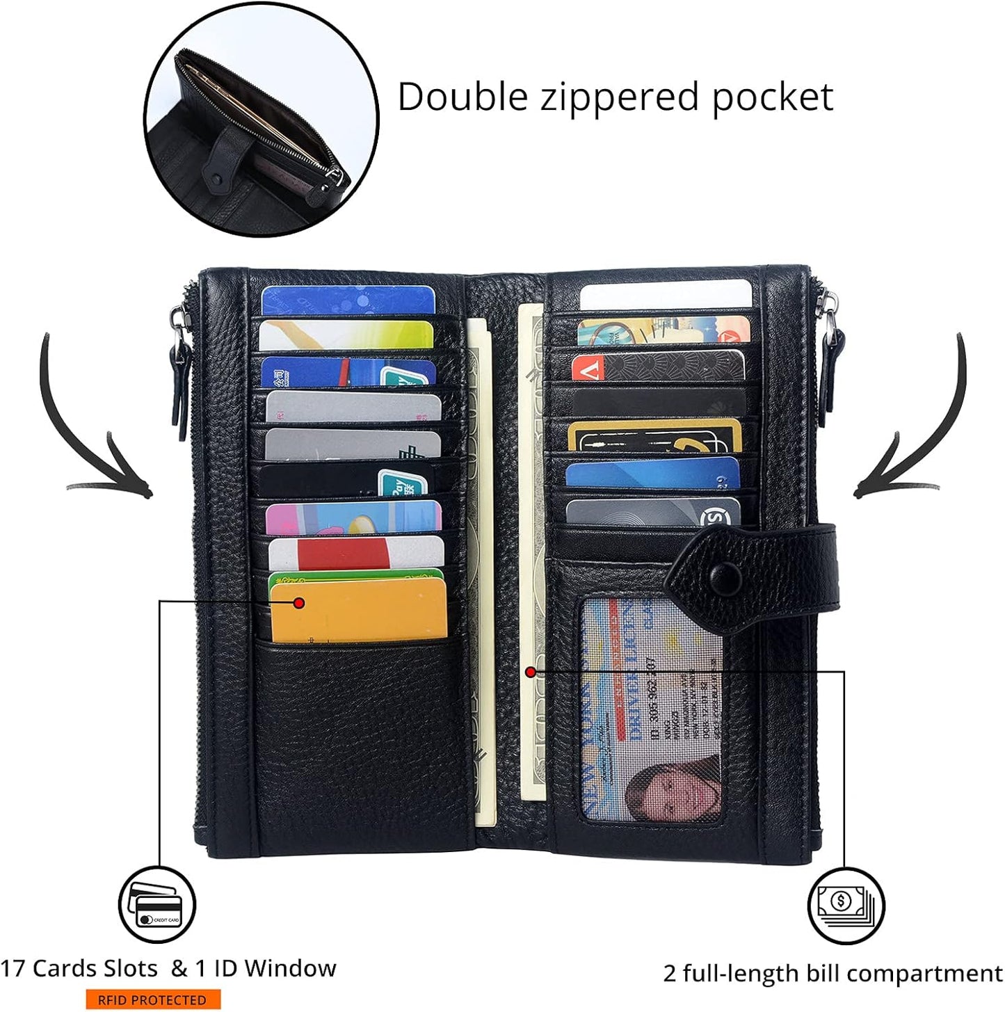Bveyzi Women Soft Leather RFID Blocking Bifold Slim Wallets Ladies Credit Card Holder Double Zipper Pocket | Soft, RFID Blocking, Bifold, Slim, Credit Card Holder, Double Zipper Pocket