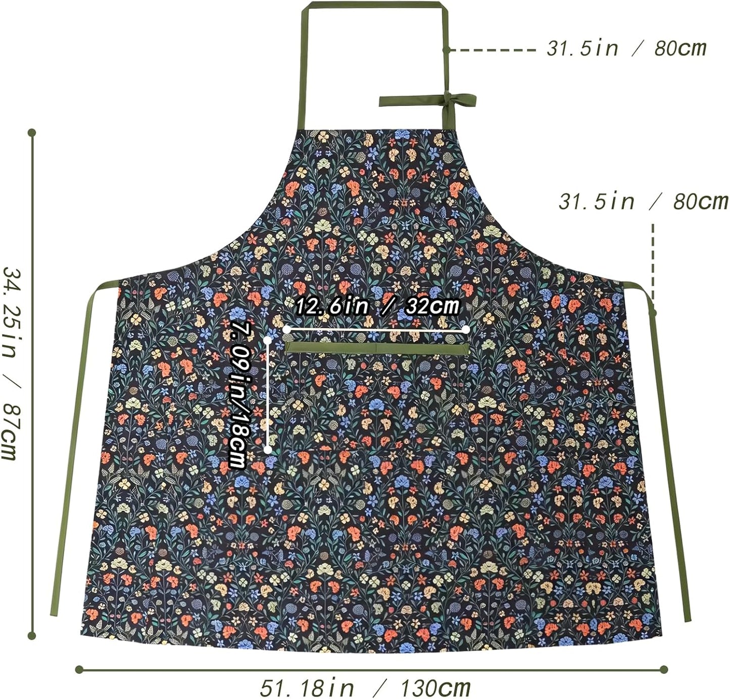 Women's Vintage Floral Kitchen Apron, Cotton Gardening Cooking Apron with Adjustable Straps & Large Pockets