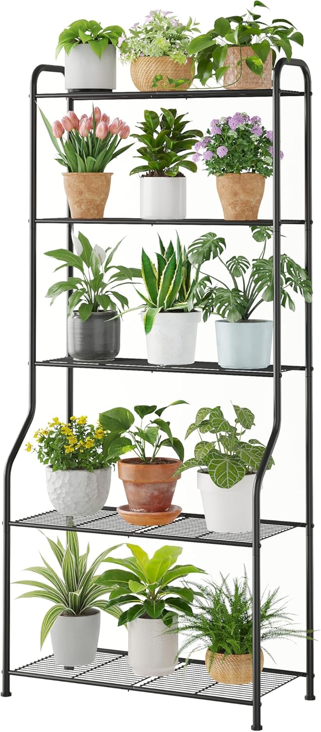 Plant Stand Indoor Outdoor for Multiple Plants, 5 Tier Tall Heavy Duty Metal Shelf, Large Flower Pot Holder Ladder for Garden, Patio, Living Room, Balcony, Black