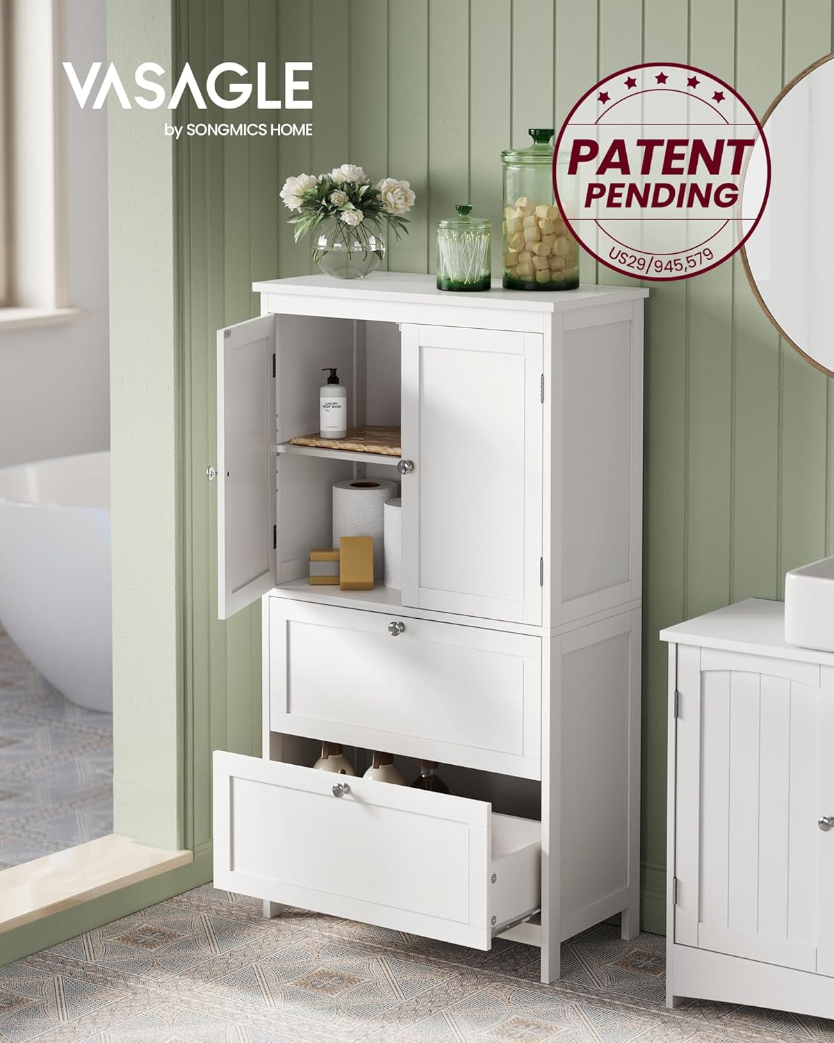 VASAGLE Bathroom Floor Storage Cabinet, Bathroom Storage Unit, Freestanding Cabinet with 2 Drawers and 2 Doors, Adjustable Shelf, 11.8 x 23.6 x 43.3 Inches, White UBBC551WH01S