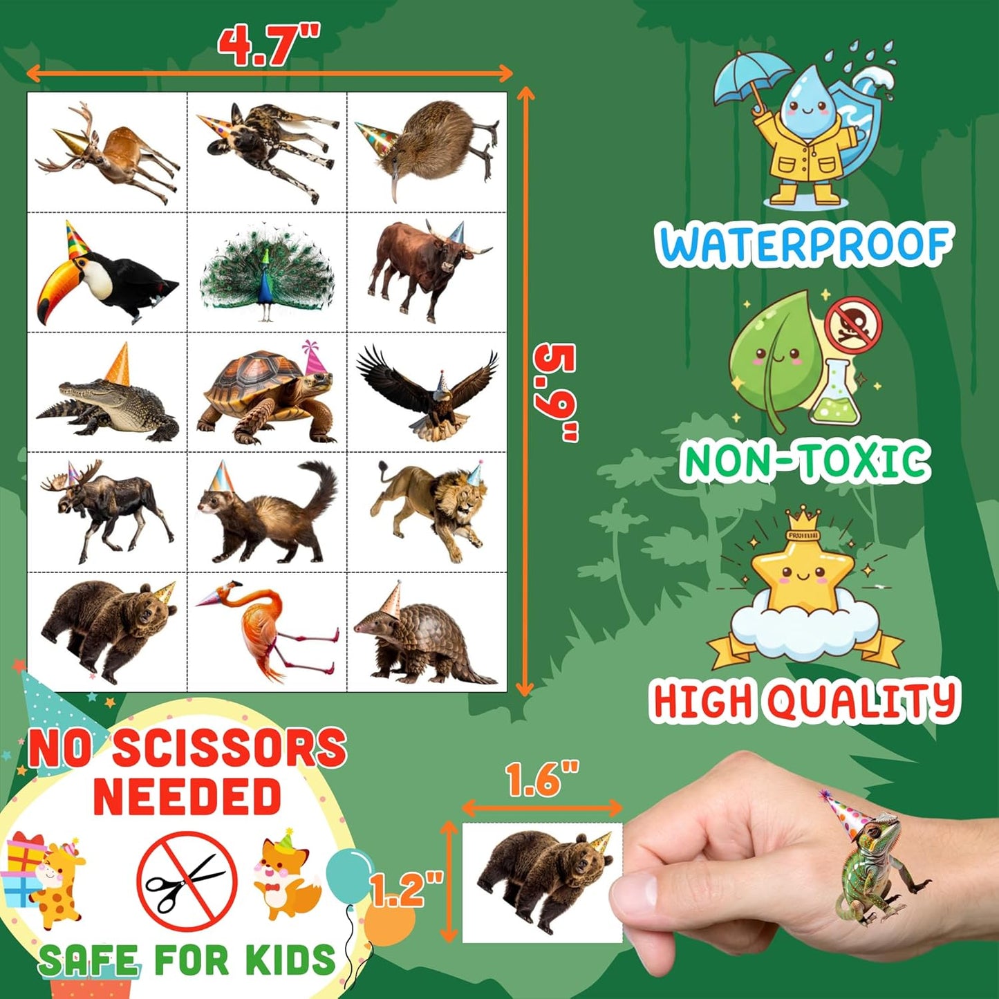 Jungle Animal Temporary Tattoos | Wildlife Animal Themed Birthday Party Decorations Zoo Party Favors Supplies Accessories Stickers Decor Gift Idea For Kids Adult Teen Boy Girl