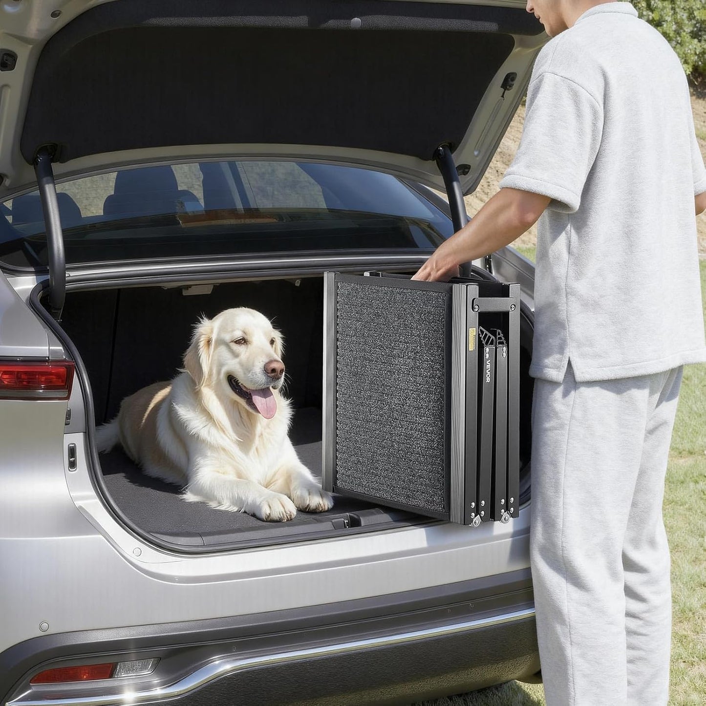 VEVOR Dog Ramp for Cars, 63" L x 17" W, Folding Pet Ramps for Medium & Large Dogs up to 250lbs, Pet Stair Ramp with Non-Slip Felt Rug Surface, Portable Outdoor Dog Car Ramps for SUV & Truck