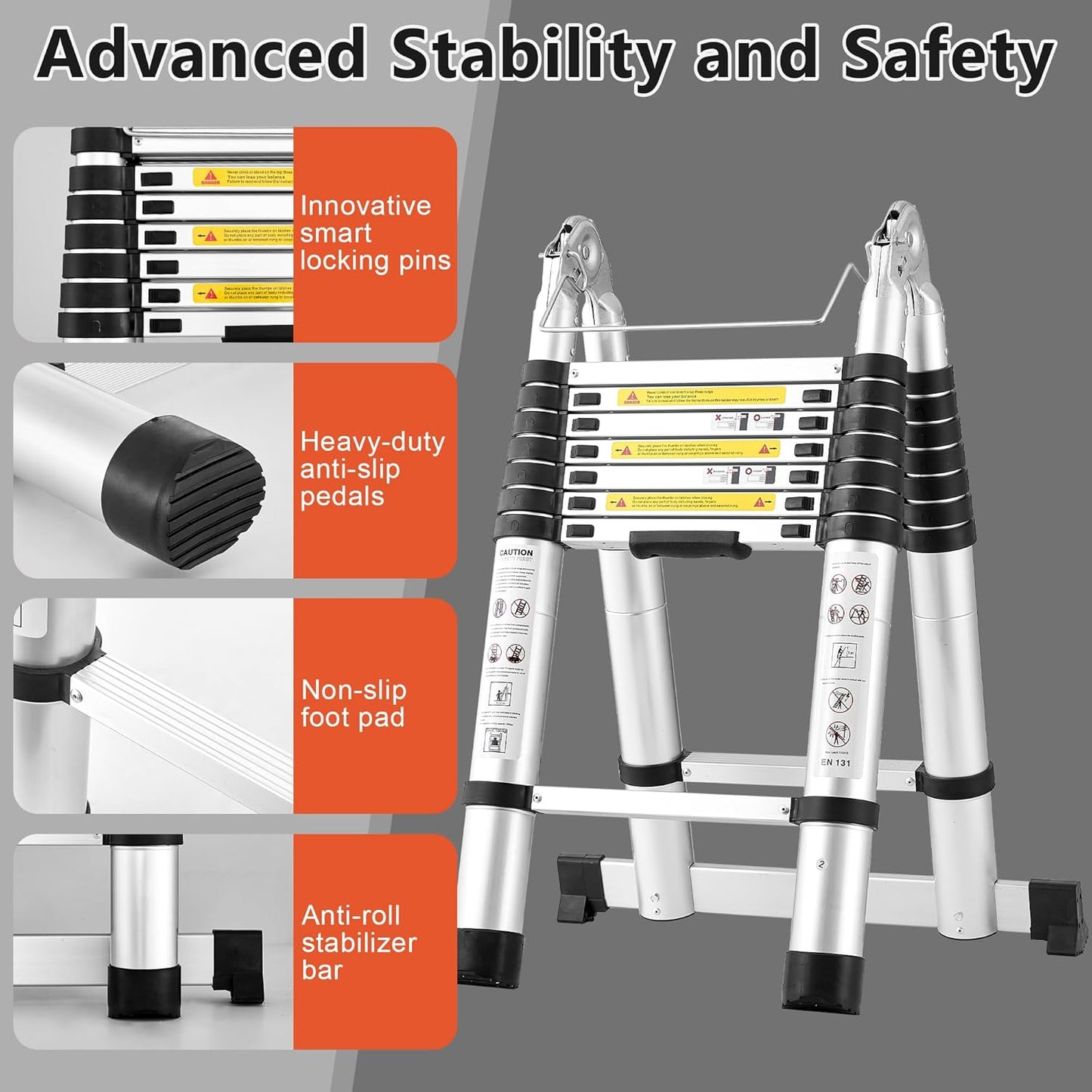 A-Frame Aluminum Telescopic Extension Ladder with Non-Slip Feet, 16.5FT Rv Telescope Foldable Extendable Compact Ladders for House Roof Travel Trailers, Adjustable Retractable, 330lbs Capacity