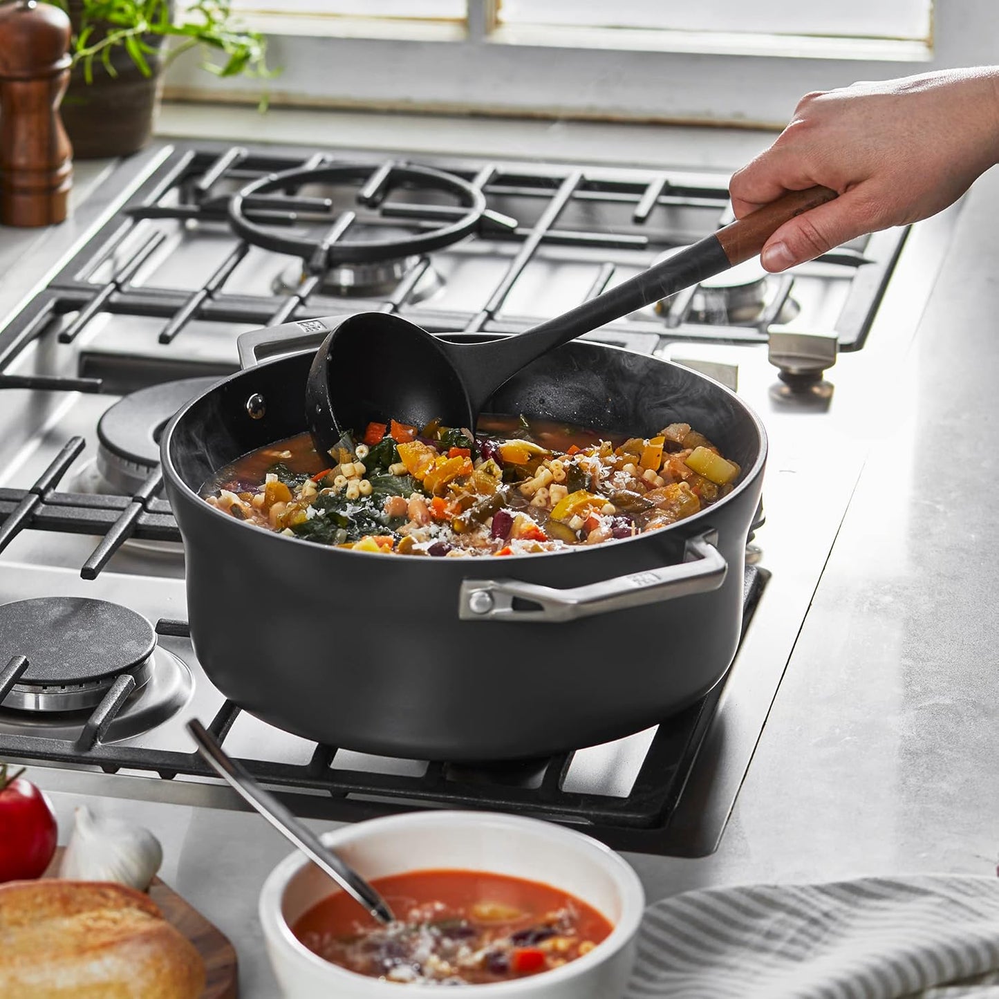 STAUB Soup Ladle, Perfect for Serving Hot Soup, Portion Batter for Pancakes, and Sauce Pasta, Durable BPA-Free Matte Black Silicone, Acacia Wood Handles, Safe for Nonstick Cooking Surfaces