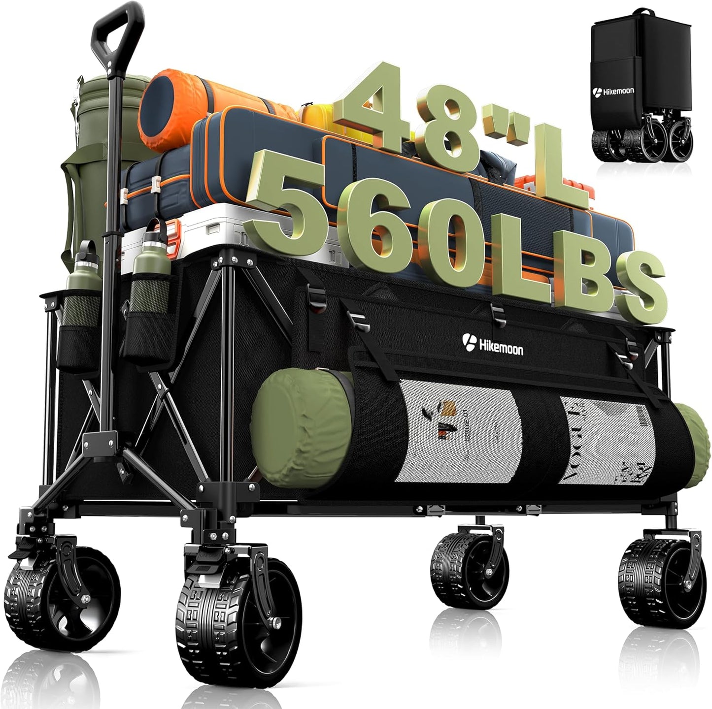 300L Extra Large Wagons Carts Foldable, 560LBS Heavy Duty Collapsible Beach Wagon 48" Long with Big All-Terrain Wheels, Utility Folding Cart for Camping, Grocery, Sports, Garden, Black