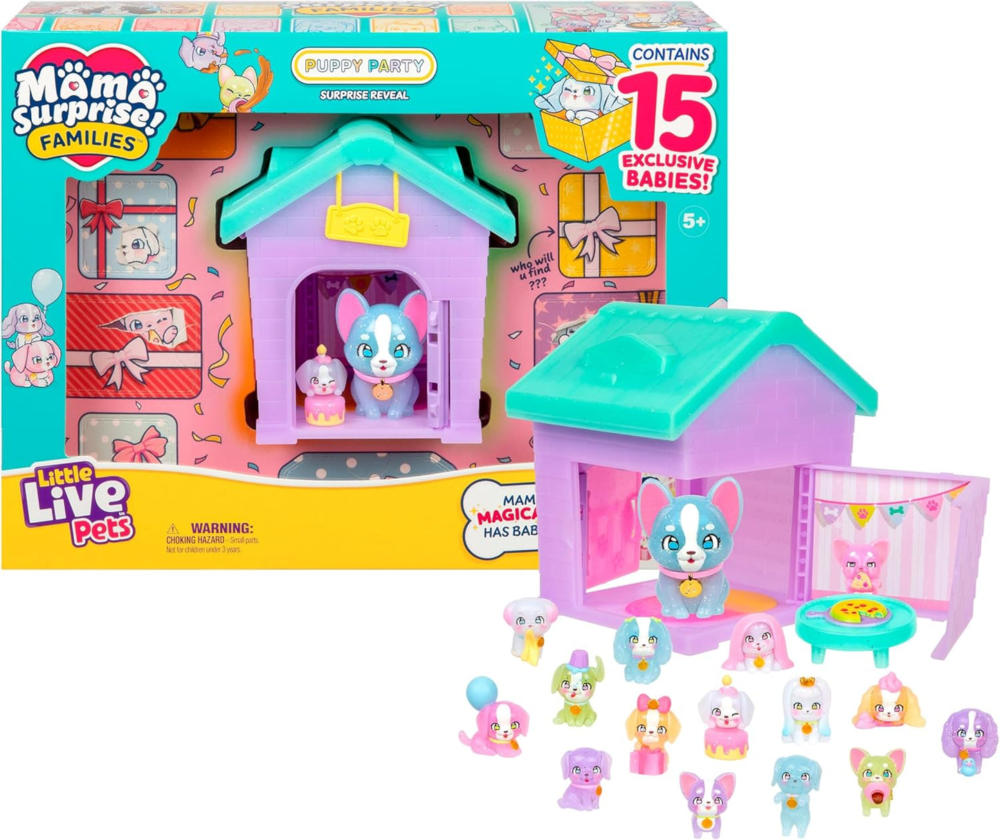 Little Live Pets Puppy House Playset, Mama Surprise Families Little Live Pets Puppy Party Pack, 15 Mini Collectible Puppies, Fold-Out Playset, Miniature Toys, Gift for Kids 5+