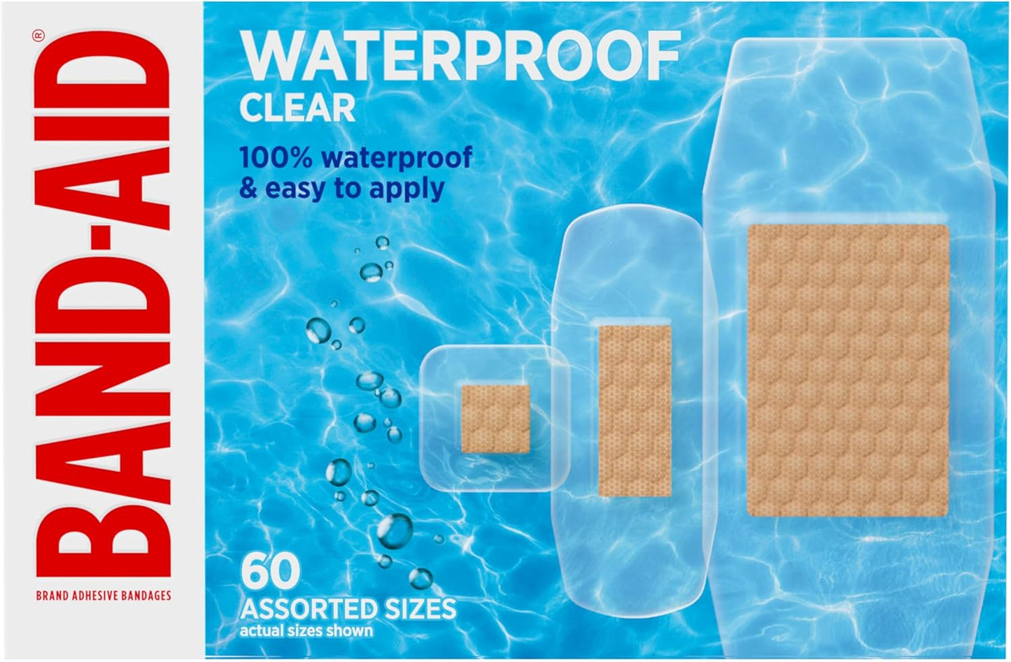 BAND-AID Brand Clear Waterproof Adhesive Bandages, Sterile First-Aid for Minor Wounds, Cuts & Scrapes, Clear Bandages with a Quilt-Aid Pad to Cushion Wounds, Assorted Sizes, 60 ct