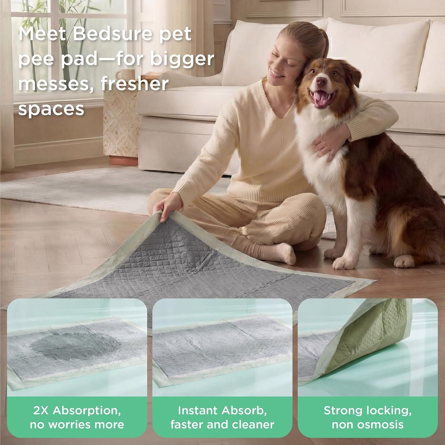 Bedsure Dog Pee Pads Extra Large, 28" x 34" Puppy Pads 52 Count, Super Absorbent & Leak Proof, XL Training Pads Quick Dry Disposable Potty Pad with Odor-Control Activated Carbon & ECO Green Material