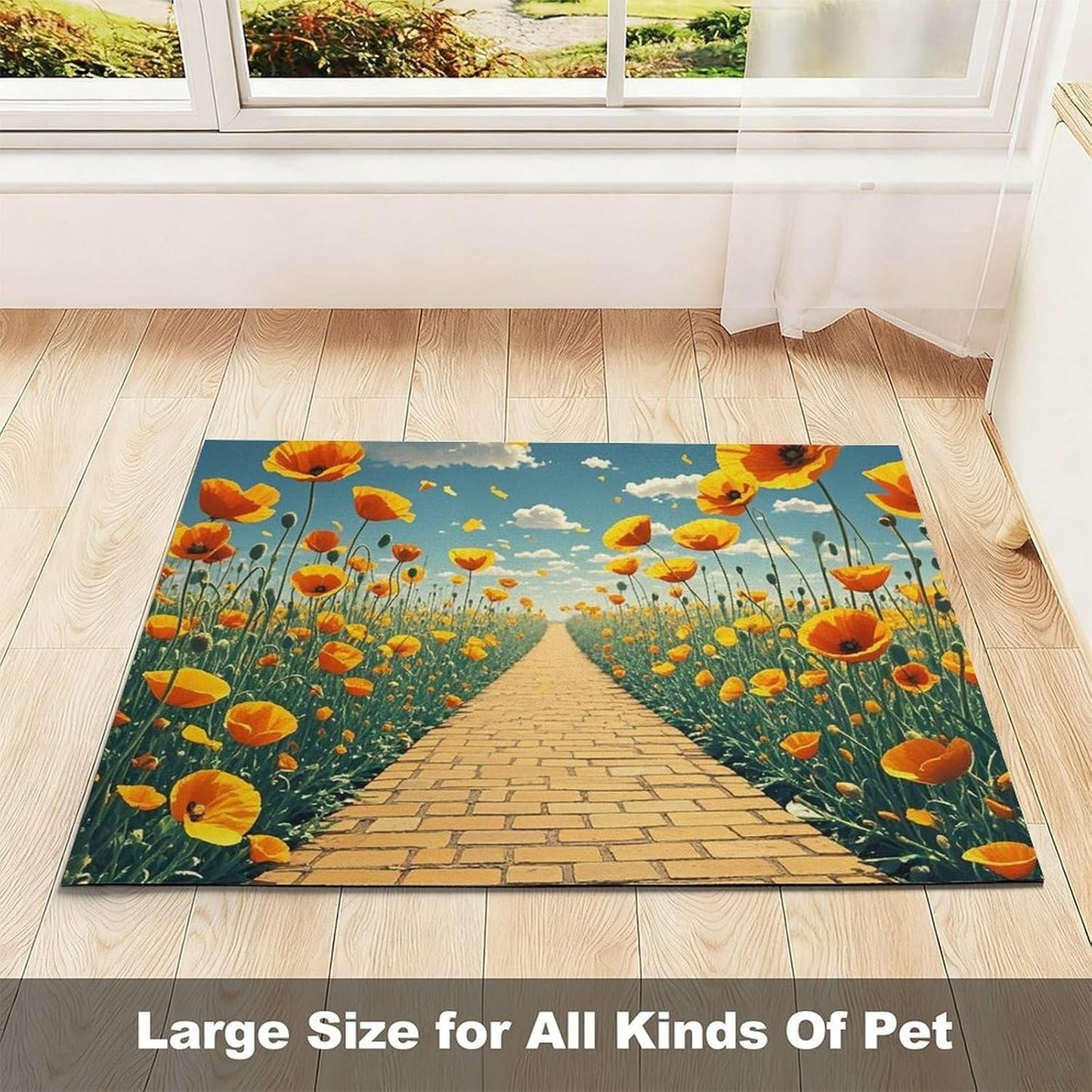 Dog Food Mat Pet Leather Tablecloth Poppies Field Yellow Brick Road Pet Feeding Mat Anti-Slip Dog Bowl Mats Absorbent Pet Placemats for Dogs Protect Floor Dogs Pad for Food and Water