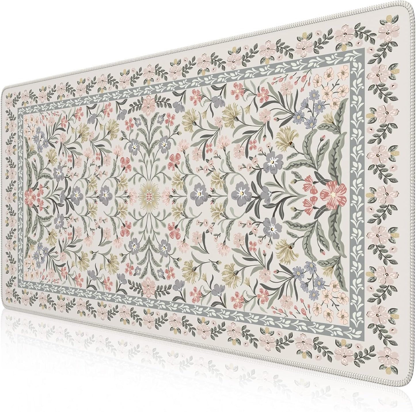iCasso Desk Matt for Desktop, Cute Desk Pad Mat, XXL Large Mouse Pad, Anti-Slip Big Mousepad with Stitched Edges, Keyboard Pad for Computer(Gray Floral)