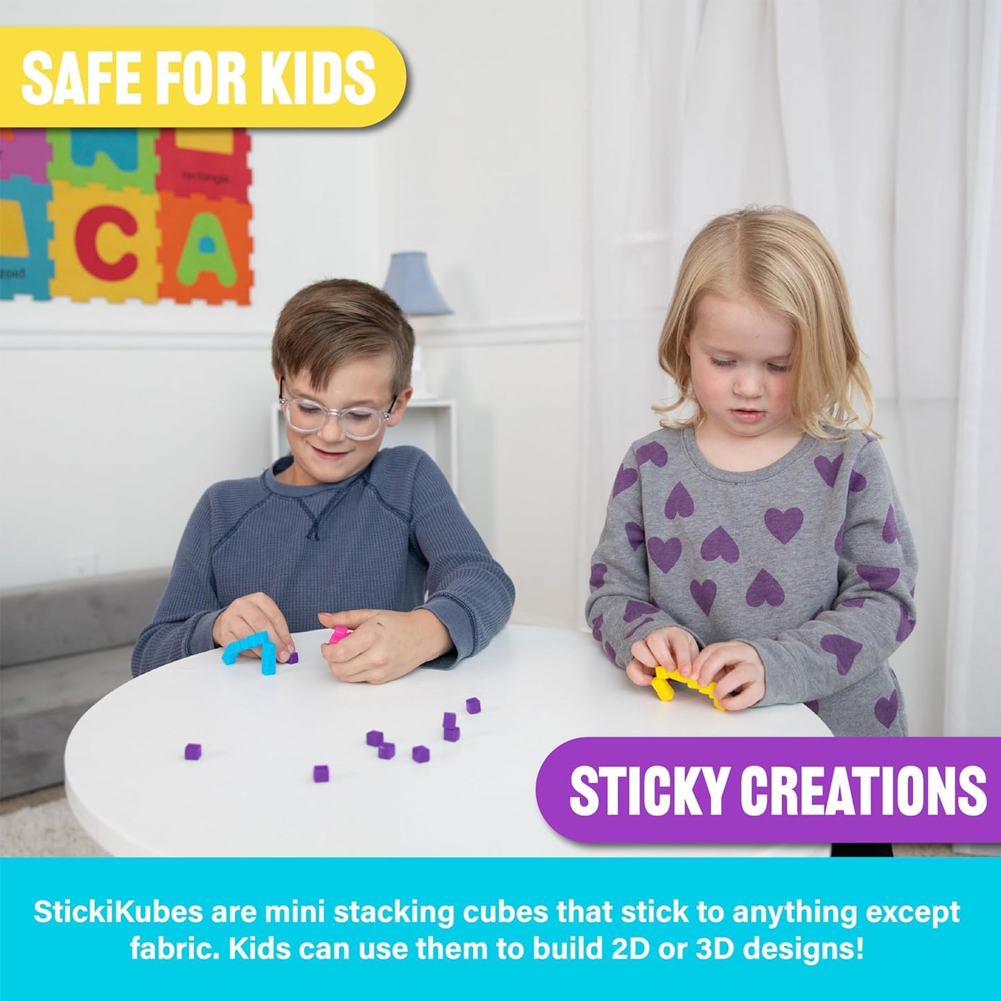 KOMARC GAMES StickiKubes, Mini Stacking Cubes that Stick to Anything, Non Toxic Kid Safe Sticky Blocks, Creative Construction Toy - 125 Cubes, 5 Neon Colors, Tub