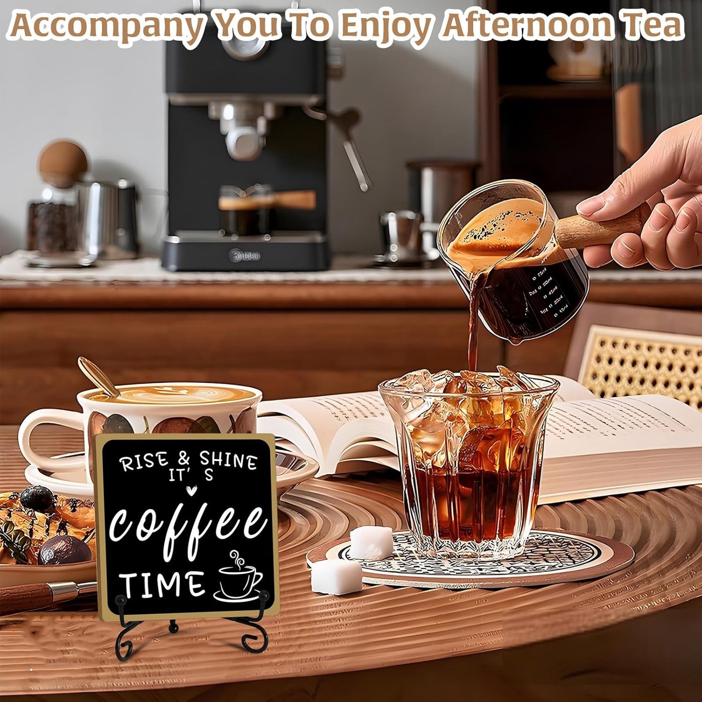 Wooden Coffee Bar Sign Coffee Bar Decor, Coffee Bar Decorations Black and White with Iron Stand Bar Tabletop Shelf Accessories, Coffee Signs Decors for Coffee Station Home Farmhouse Kitchen & Office