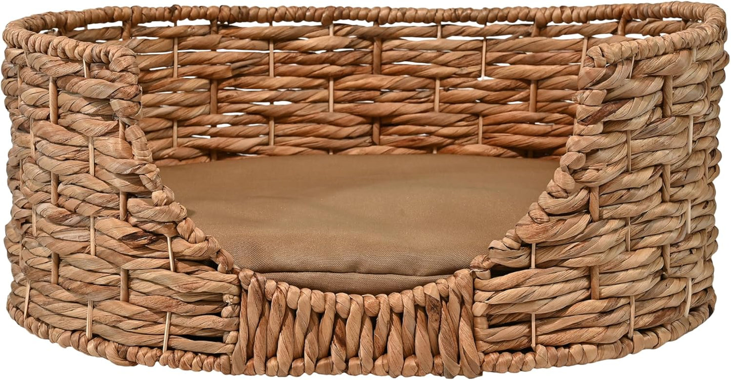 DBD4001A Perri 24" x 18" Classic Farmhouse Handwoven Hyacinth Oval Pet Bed with Machine-Washable Cushion, Natural