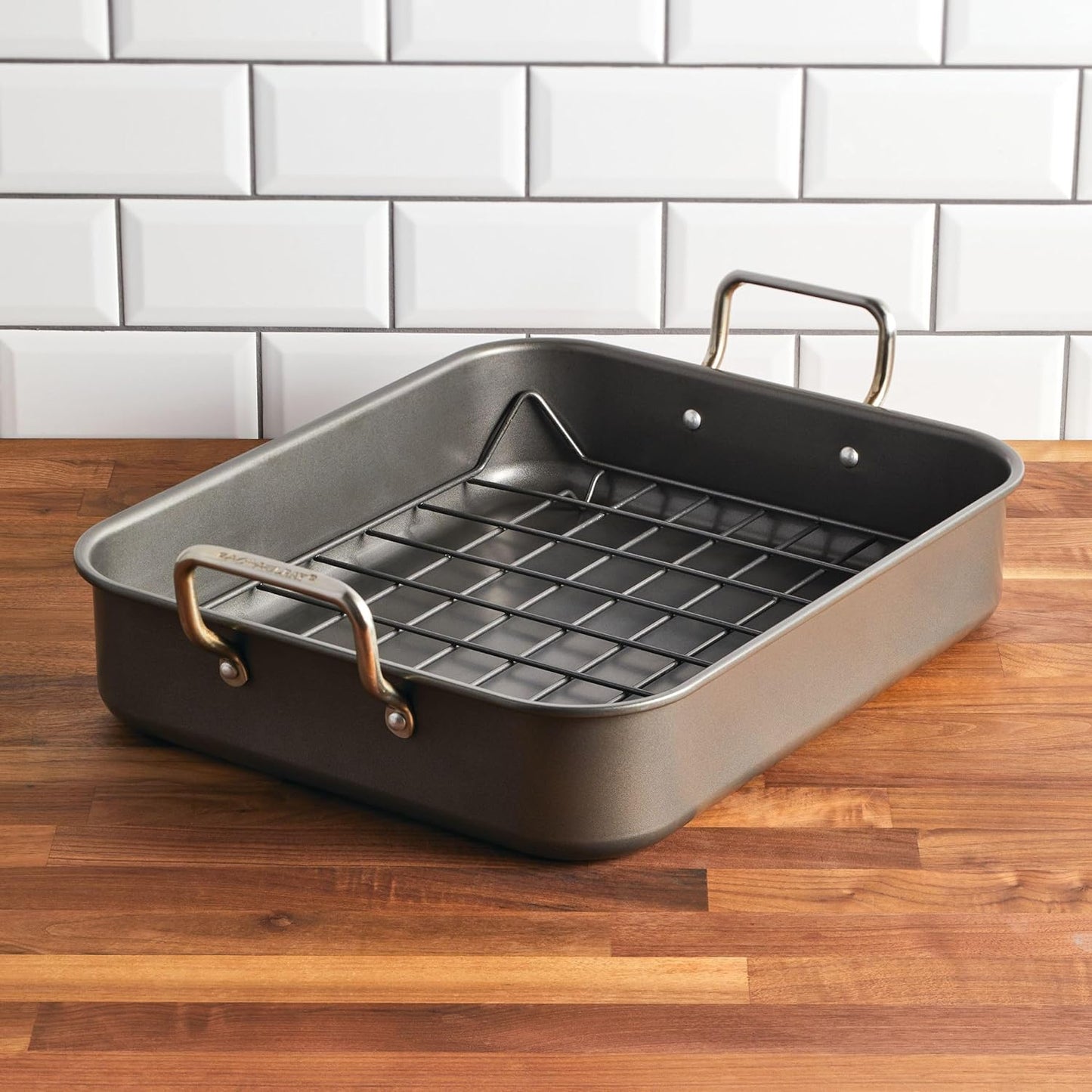Rachael Ray Bakeware Nonstick Roaster/Roasting Pan with Reversible Rack, 16.5 Inch x 13.5 Inch, Gray