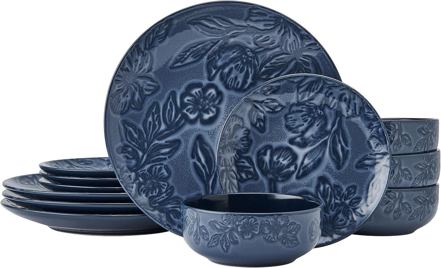 Paltzgraff Garden Elegance 12 Piece Floral Stoneware Dinnerware Plate Bowl Dish Set, Service for 4, Blue