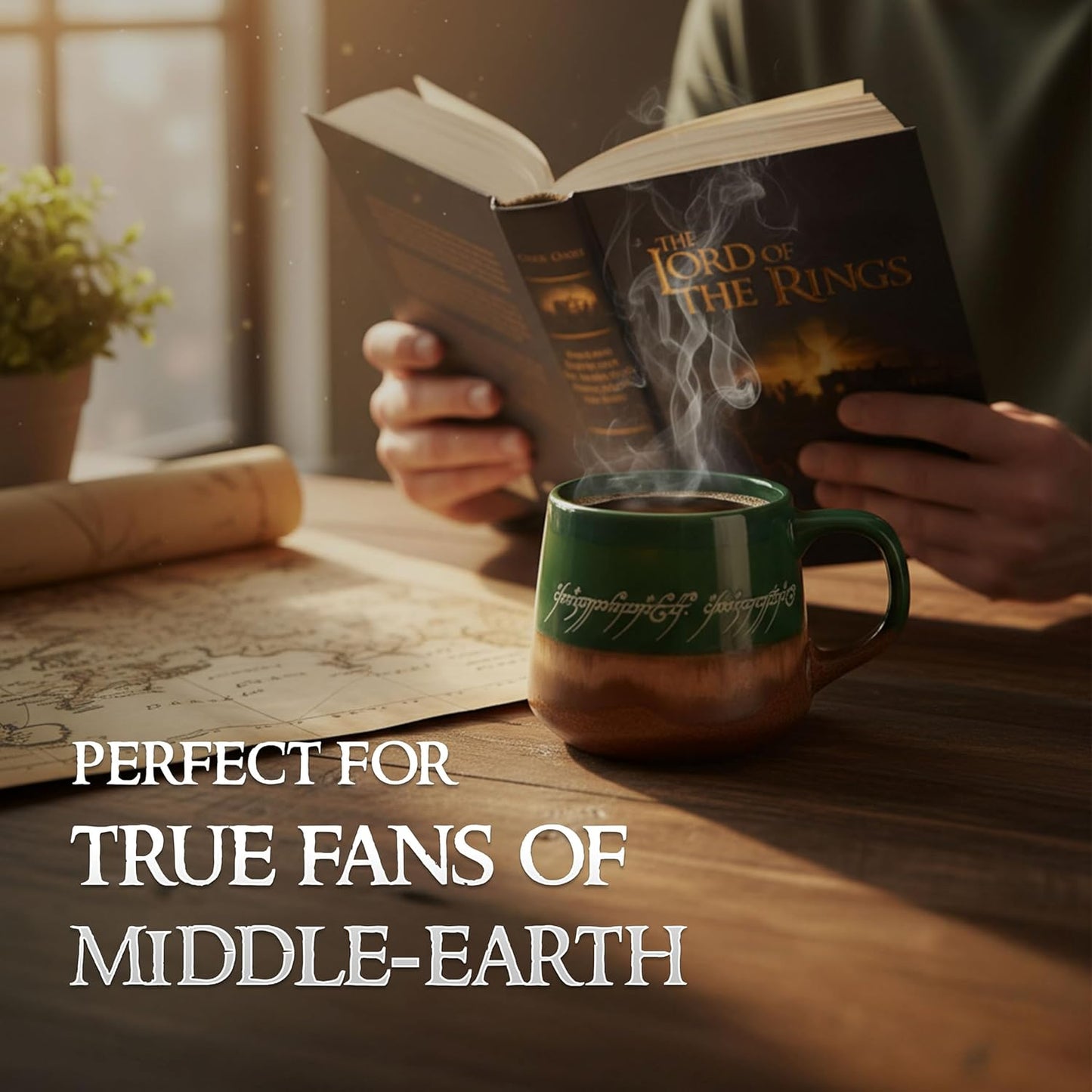 Silver Buffalo Lord of The Rings Elven Text High Gloss Reactive Glaze Tapered Pottery Mug,14 Ounces