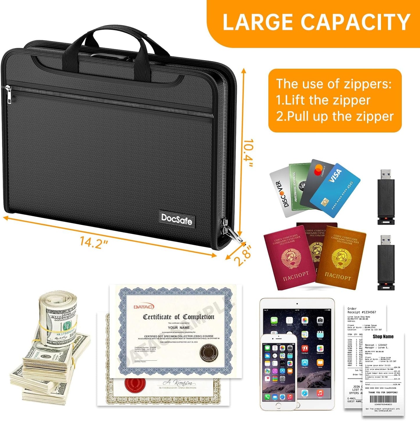 DocSafe Accordion File Organizer with Combination Lock,Fireproof Water Resistant Expanding File Folder with Multi Pockets,Document Organizer Home Office Travel Safe Storage for Letter Size Files,Black