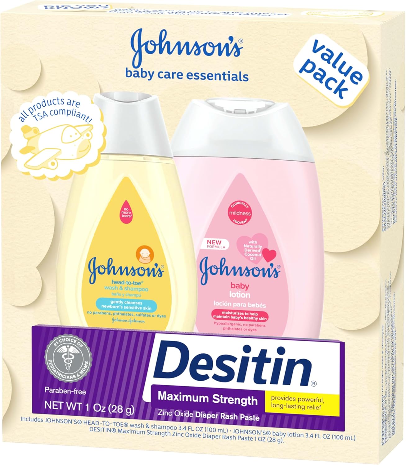 Johnson's Baby Care Essentials Gift Set, Body Lotion, & Zinc Oxide Diaper Rash Paste for Baby's Delicate Skin, Value Pack, Travel-Size, Bath Essentials Must Haves, Baby Gifts, 3 Items