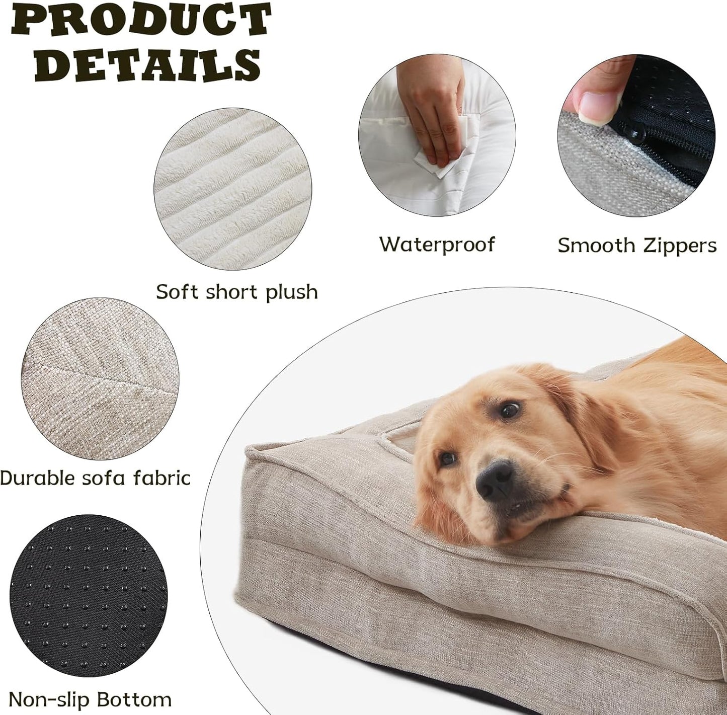 WINDRACING Orthopedic Dog Beds for Large Dogs, Waterproof Egg Foam Dog Sofa Bed with L Bolster Sides, Washable XLarge Pet Bed with Removable Cover & Non-Slip Bottom, 40 x 28 inch, Beige