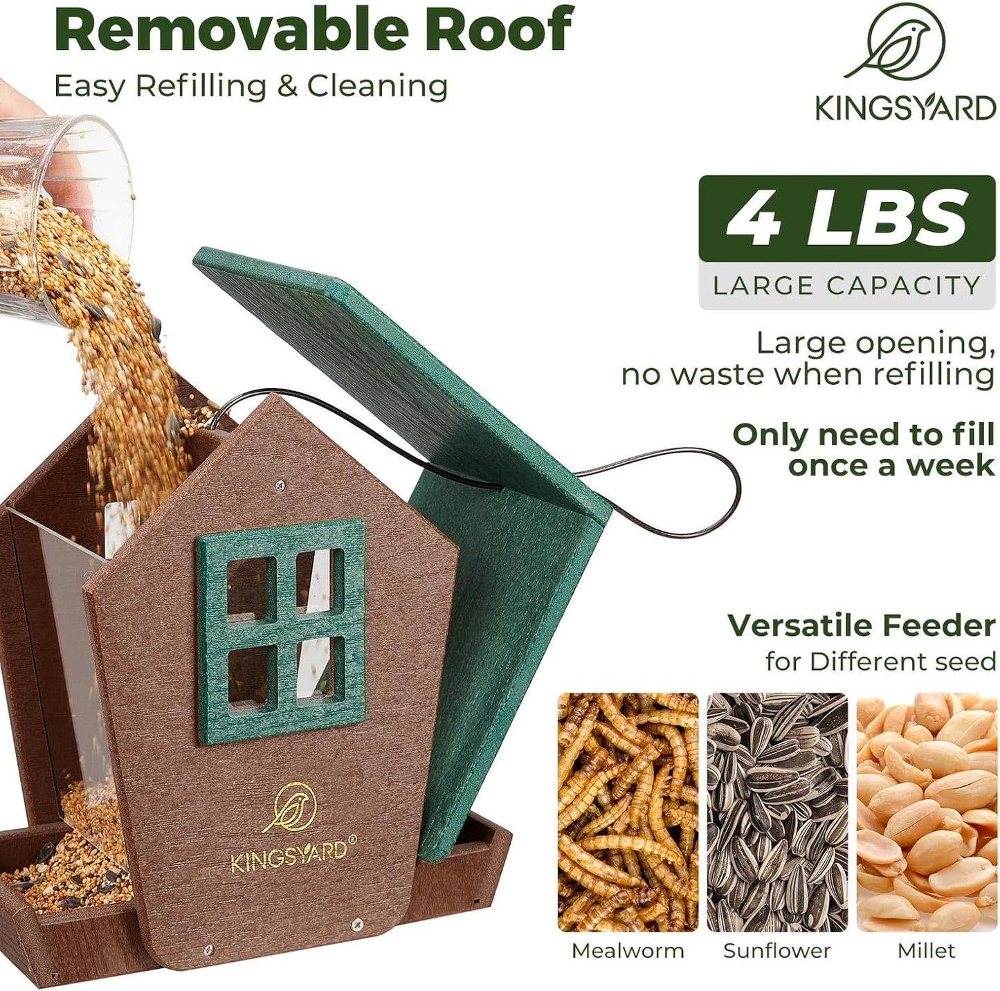 Kingsyard 4 lbs Large Bird Feeder House for Outdoors Hanging, Recycled Plastic Bird Feeder Hopper with Weatherproof Roof & Capacity Tray for Cardinal Bluebird, Garden Yard Outside Decor, Green