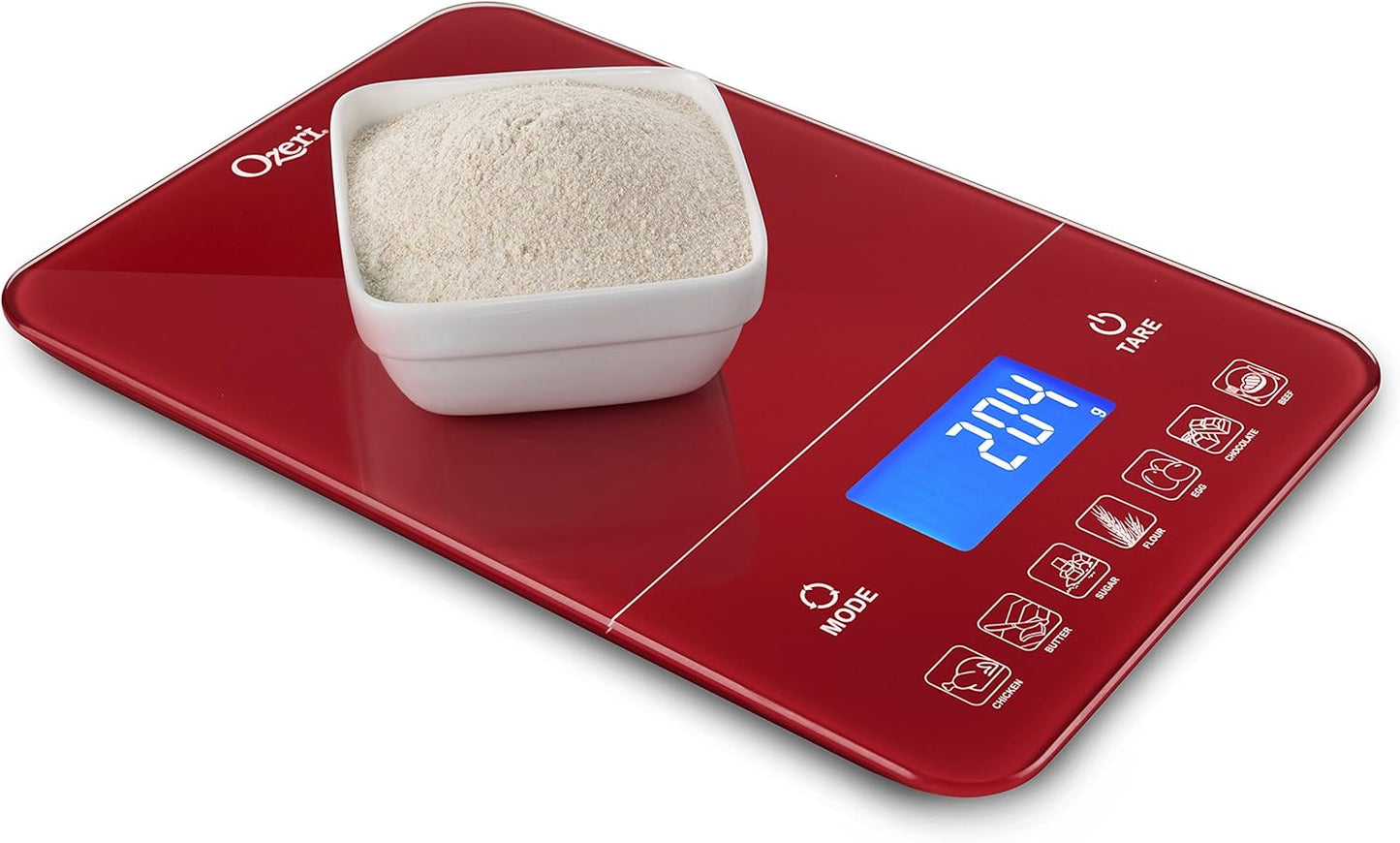 Ozeri Touch III 22 lb (10 kg) Digital Kitchen Scale with Calorie Counter in Tempered Glass, Red Engine