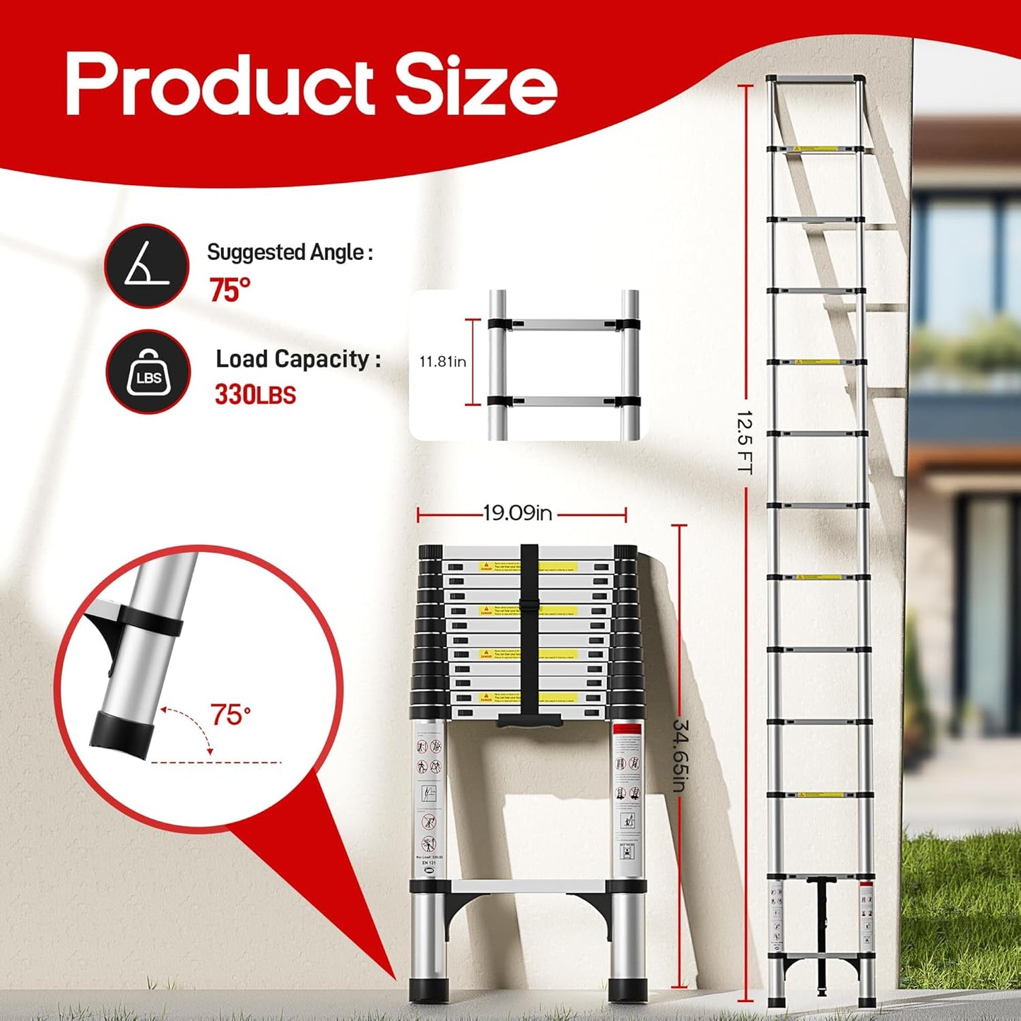 Telescoping Ladder 12.5 FT,CE ANSI Certified Aluminum Extension Ladder with 2 Triangular Stabilizers,330 lbs Max Capacity Multi-Purpose Portable Collapsible Ladder for RV,Outdoor Work Silver