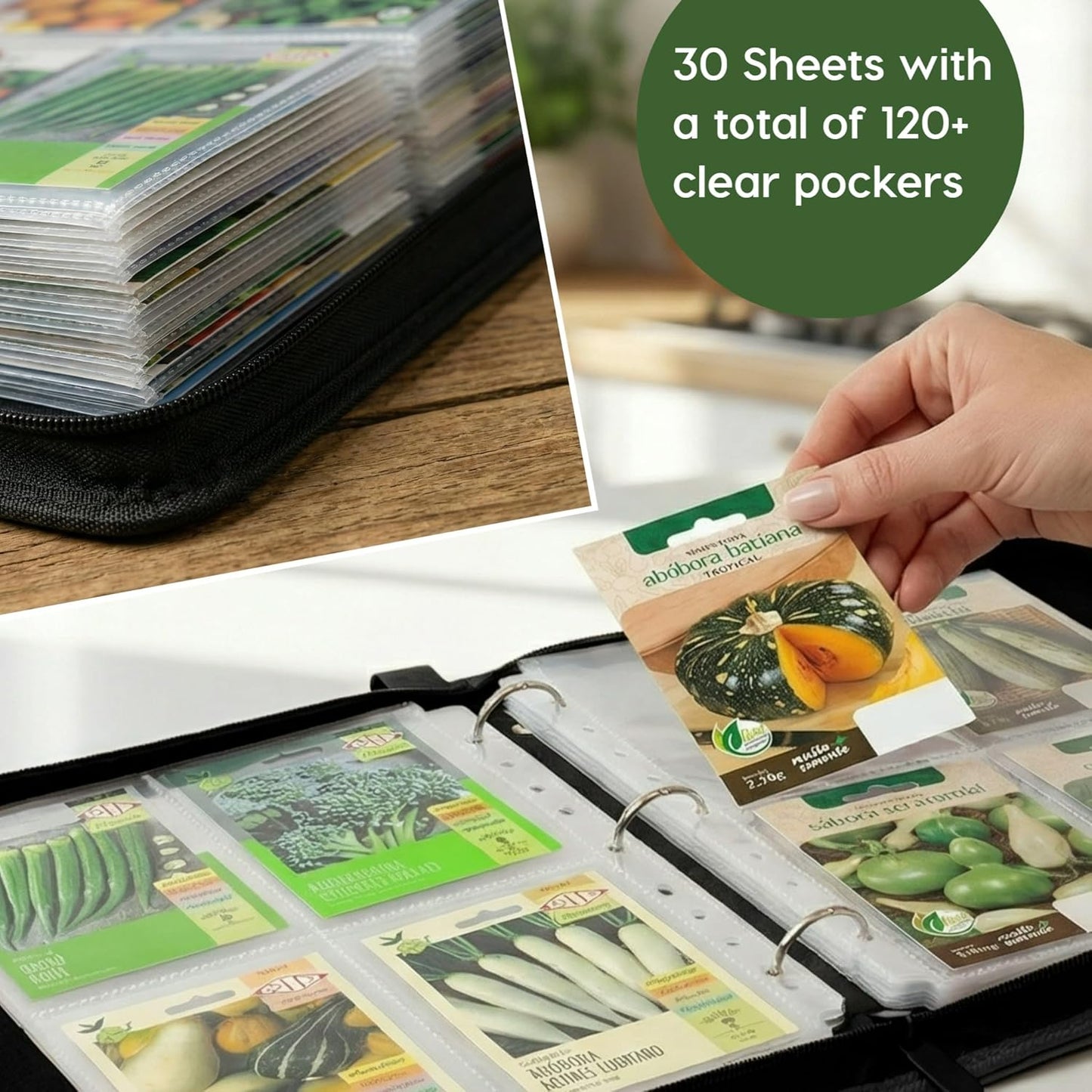Seed Storage Binder Organizer with Zipper that Holds 120 Seed Envelopes, 3 Ring Binder with 30 Sheet Protectors & 84 Labels, Waterproof Garden Seed Book Holder with Handle for Flower Vegetable Packets