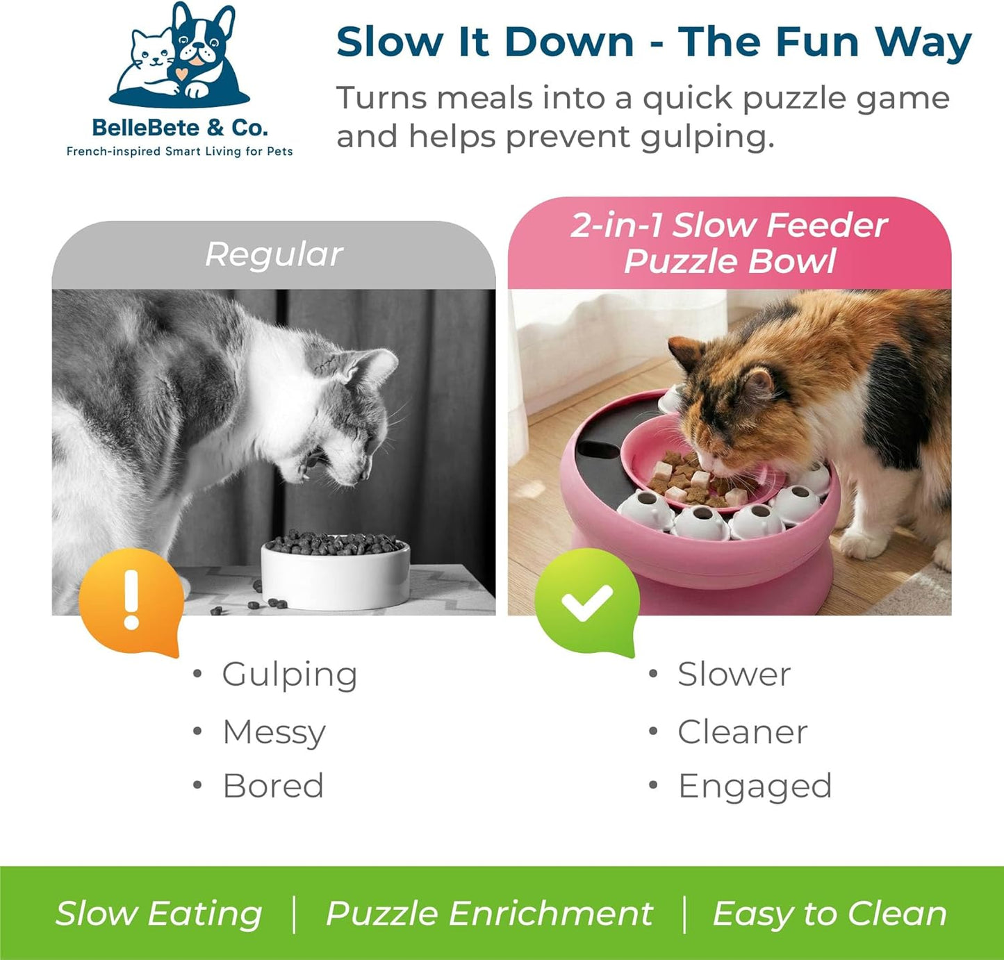 BelleBête & Co. 2-in-1 Elevated Cat Slow Feeder Bowl – 15° Tilted Interactive Puzzle Feeder with Rotate-to-Feed & Non-Slip Base, Anti-Gulping & Digestive Health for Indoor Cats | Pink