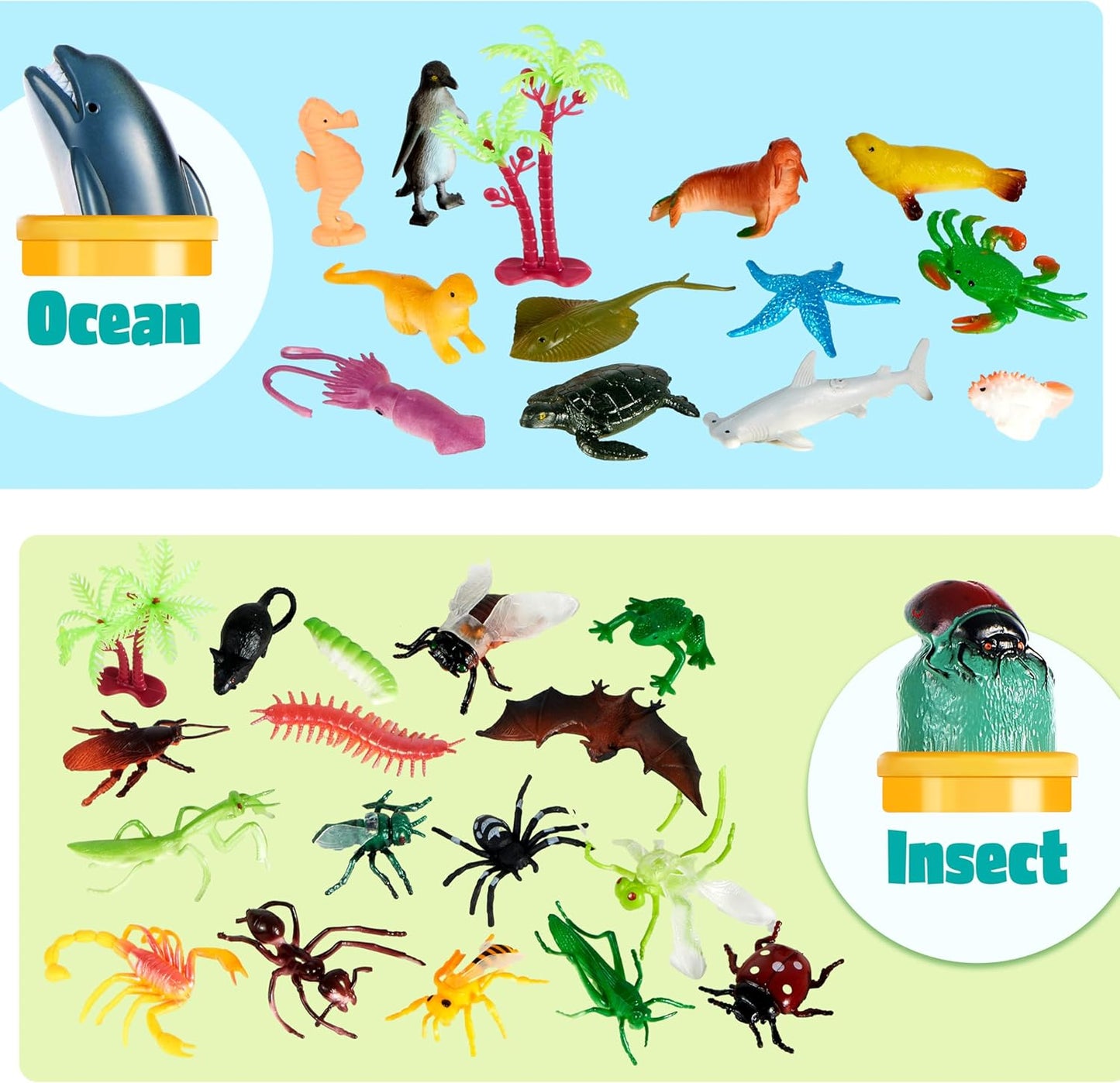 JOYIN 69 Pcs Small Animal Figures, Mini Jungle Toy Set with Sensory Bin, Realistic Wild Forest Playset, Zoo, Ocean, Farm Animals Figurines, Dinosaur Party Favors, Easter Gifts for Boys and Girls 3-5