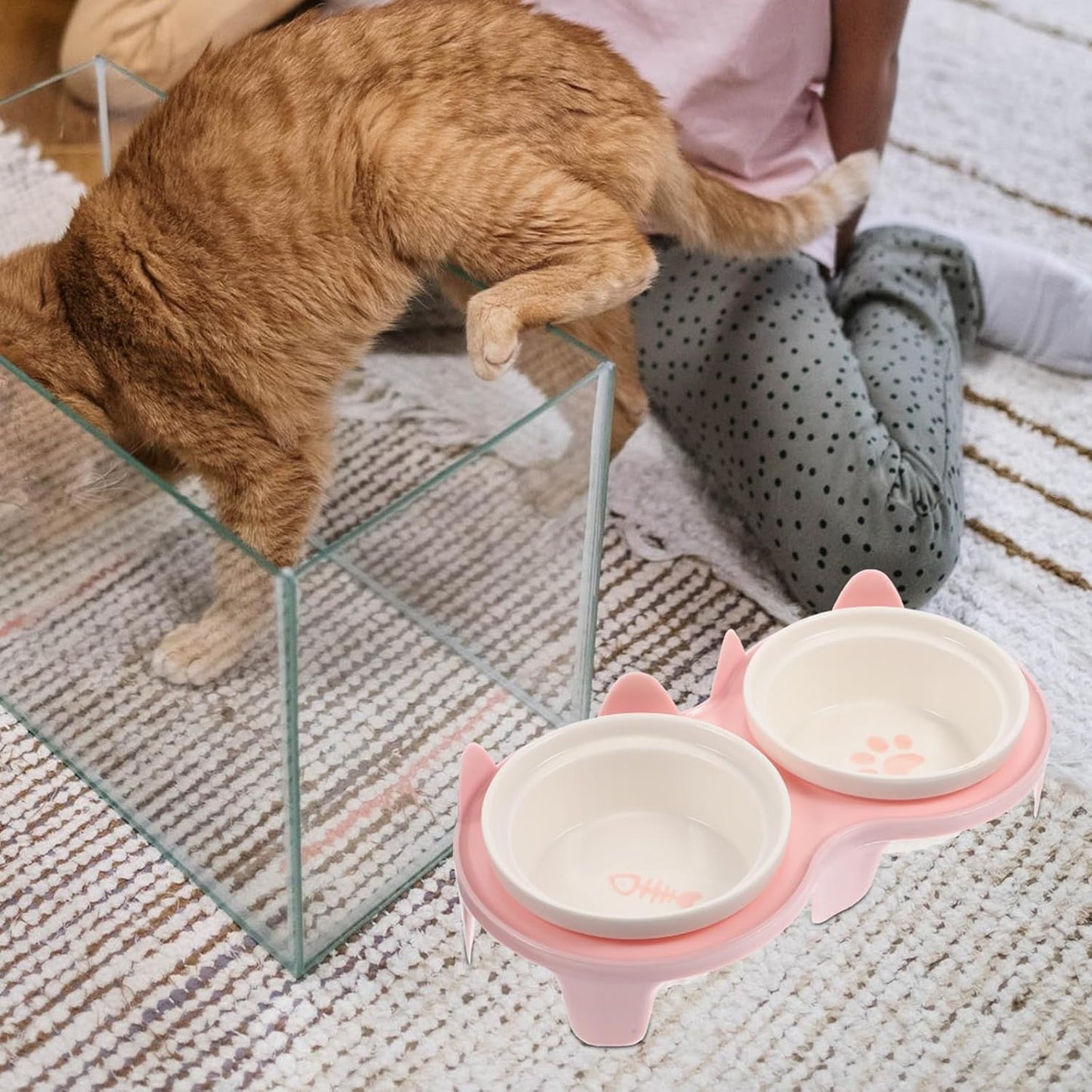 Milisten Ceramic Cat Feeding Bowl Set Raised Double Bowls Pink Thickened Non-Slip Elevated Pet Food and Water Dish for Indoor Cats
