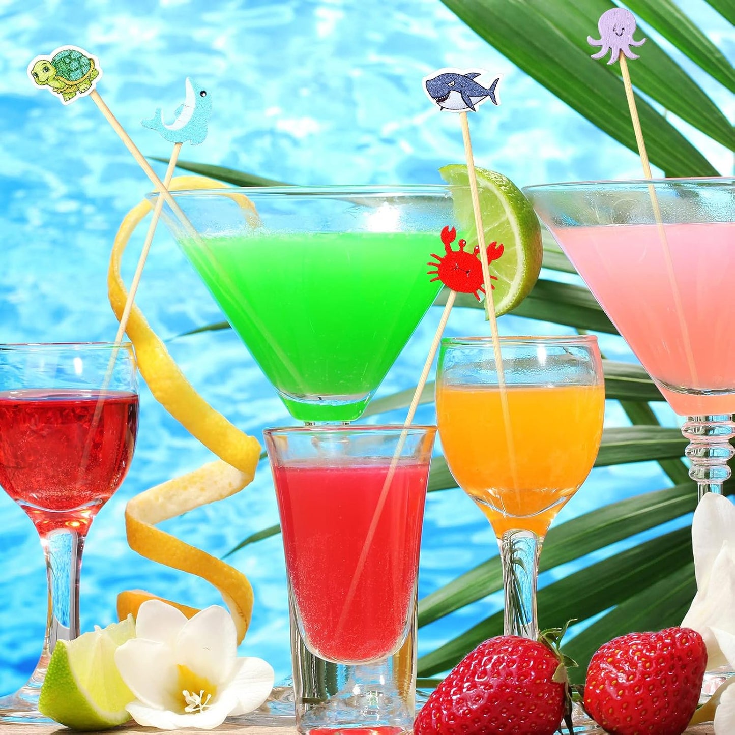 100 Pieces Sea Creature Cocktail Toothpicks Ocean Animals Fish Cocktail Picks Octopus Shark Cupcake Toppers Bamboo Fruit Food Appetizers Picks for Under the Sea Birthday Party Decoration