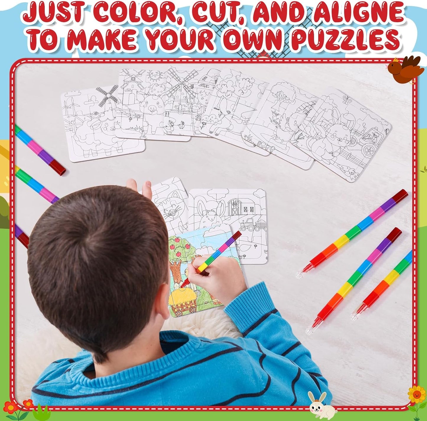 12 Sets Farm Animal Puzzles Barnyard Color Your Own Puzzles DIY Barn Theme Jigsaw Crafts with 12 Stackable Crayons 12 Bags for Farmhouse Animal Gifts Birthday Party Supplies Favors