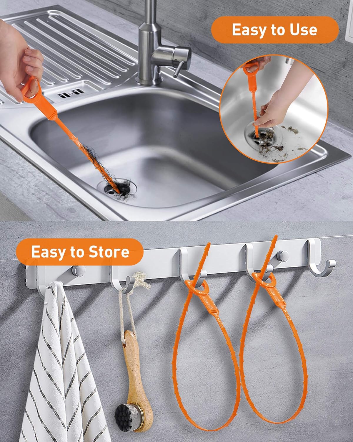 25 Inch Snake Drain Clog Remover Tool, 6PCS Hair Drain Cleaner Tool, Hair Cather Shower Drain Tool, Drain Auger hair Cleaning Tool for Shower Kitchen Sink Bath Tub Bathroom