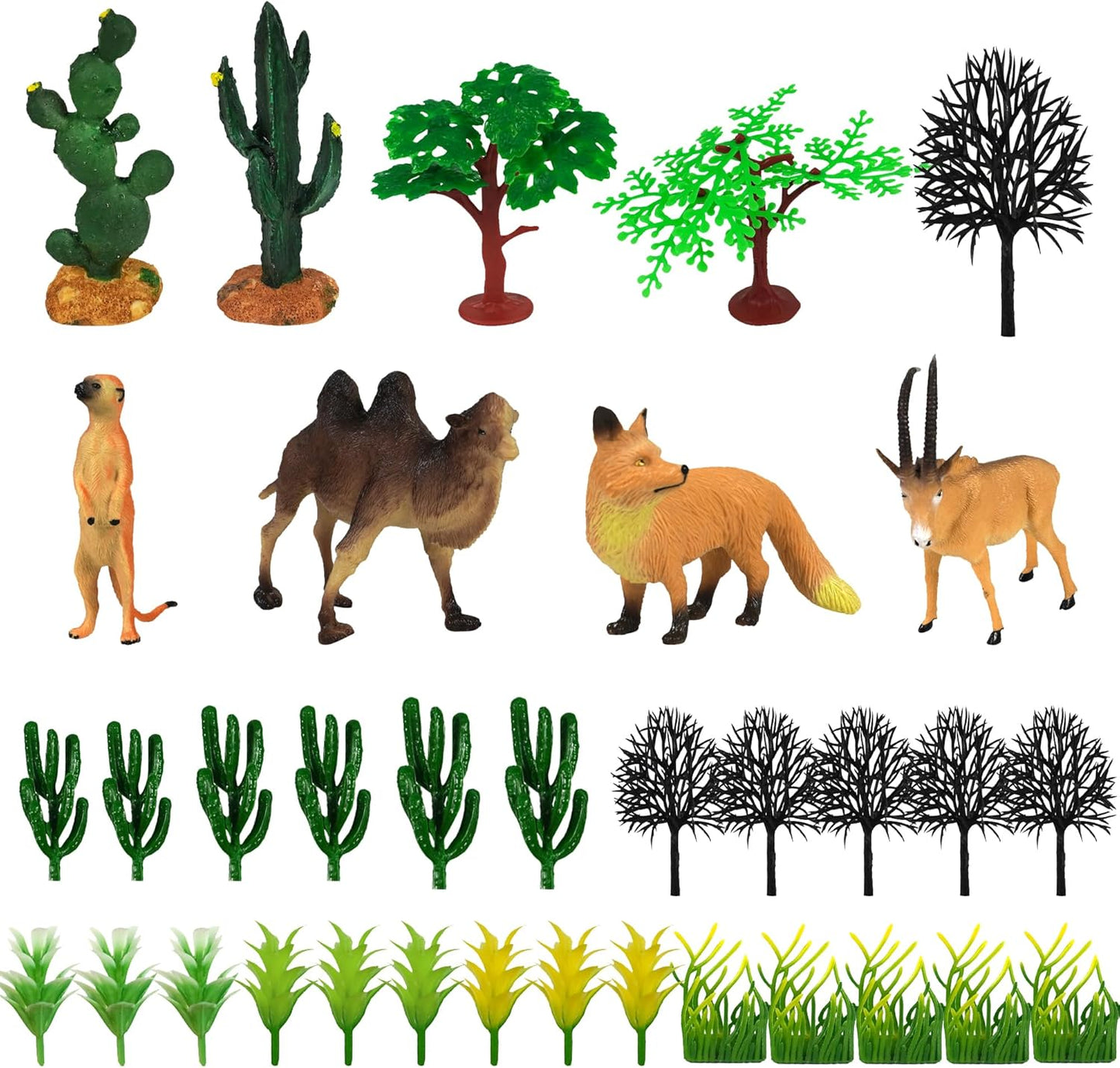 MOMOONNON 34pcs Desert Animal Figures Mixed Diorama Model Plants Artificial Animals with Camel Fox Meerkatz Gazelle for Crafts Building Model Desert Scenery Landscape Supplies
