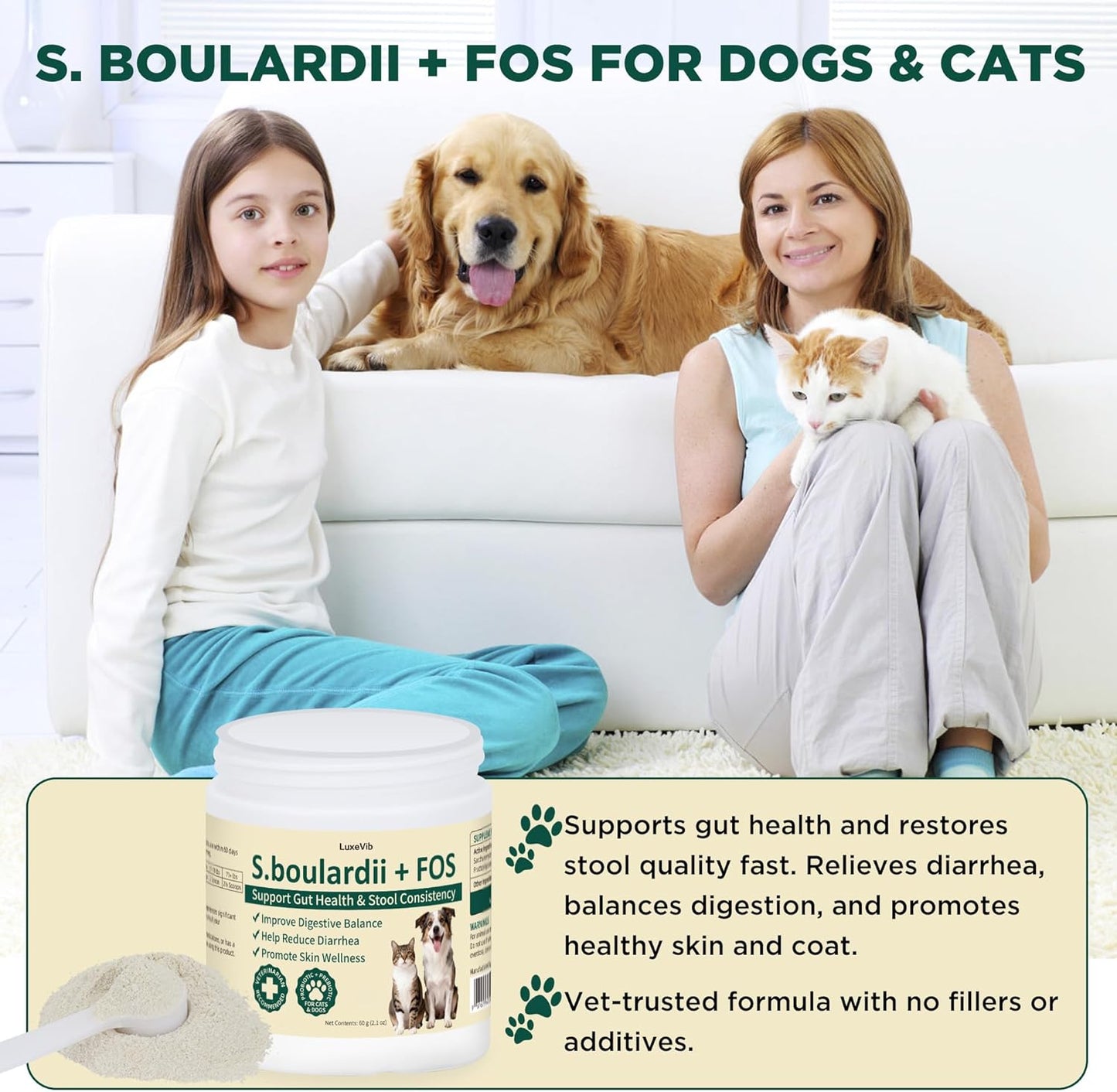 S.boulardii + FOS Pet Probiotic Powder for Dogs and Cats, 6.7 Billion CFU, Gut & Immune Support, Loose Stool & Digestive Upset Relief, Improves Stool Consistency, Skin Health, Veterinarian Recommended