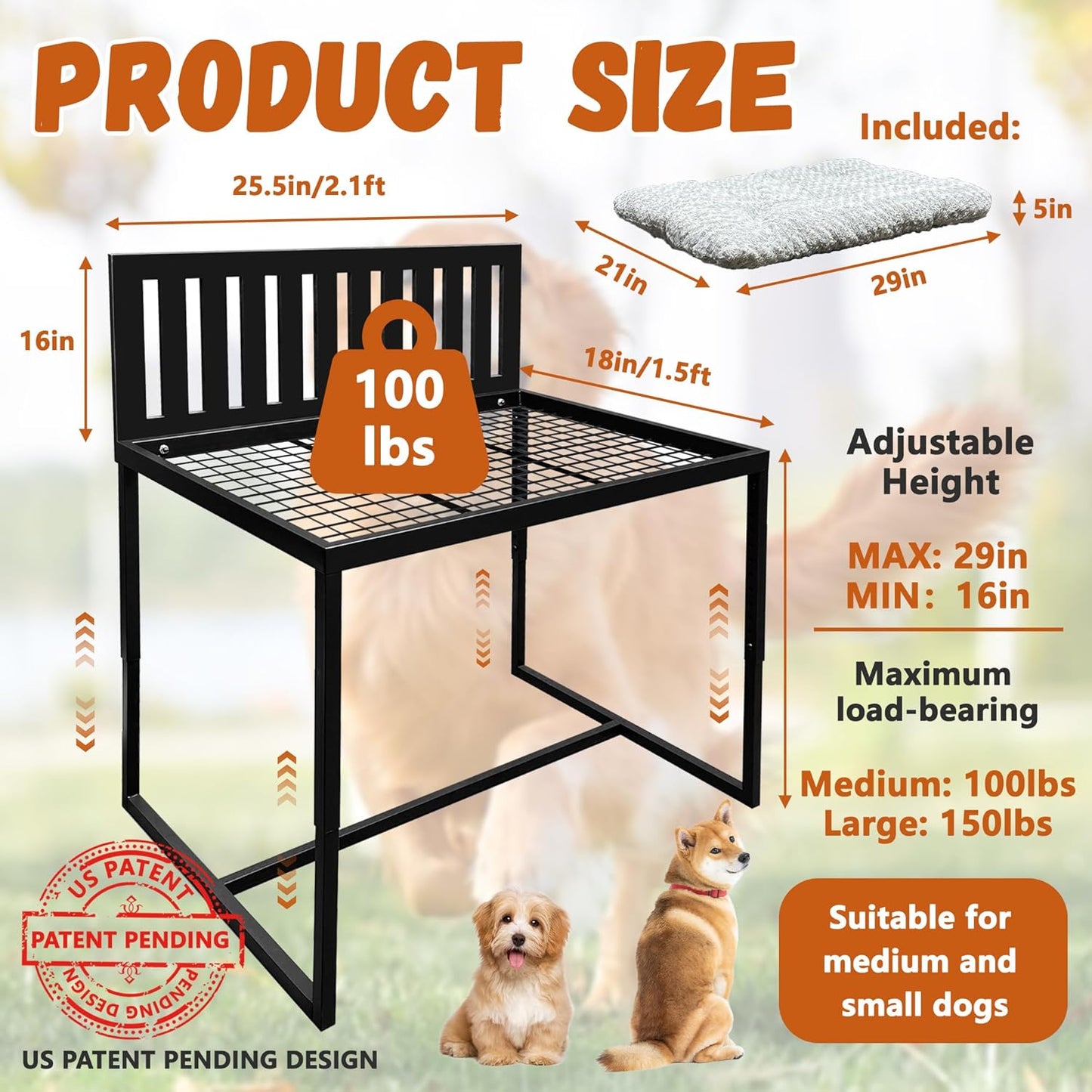 Beside Dog Bed,Adjustable Height Dog Bunk Beds,25.5‘’x18‘’Metal Dogs Bed Frame with Cushion,Medium